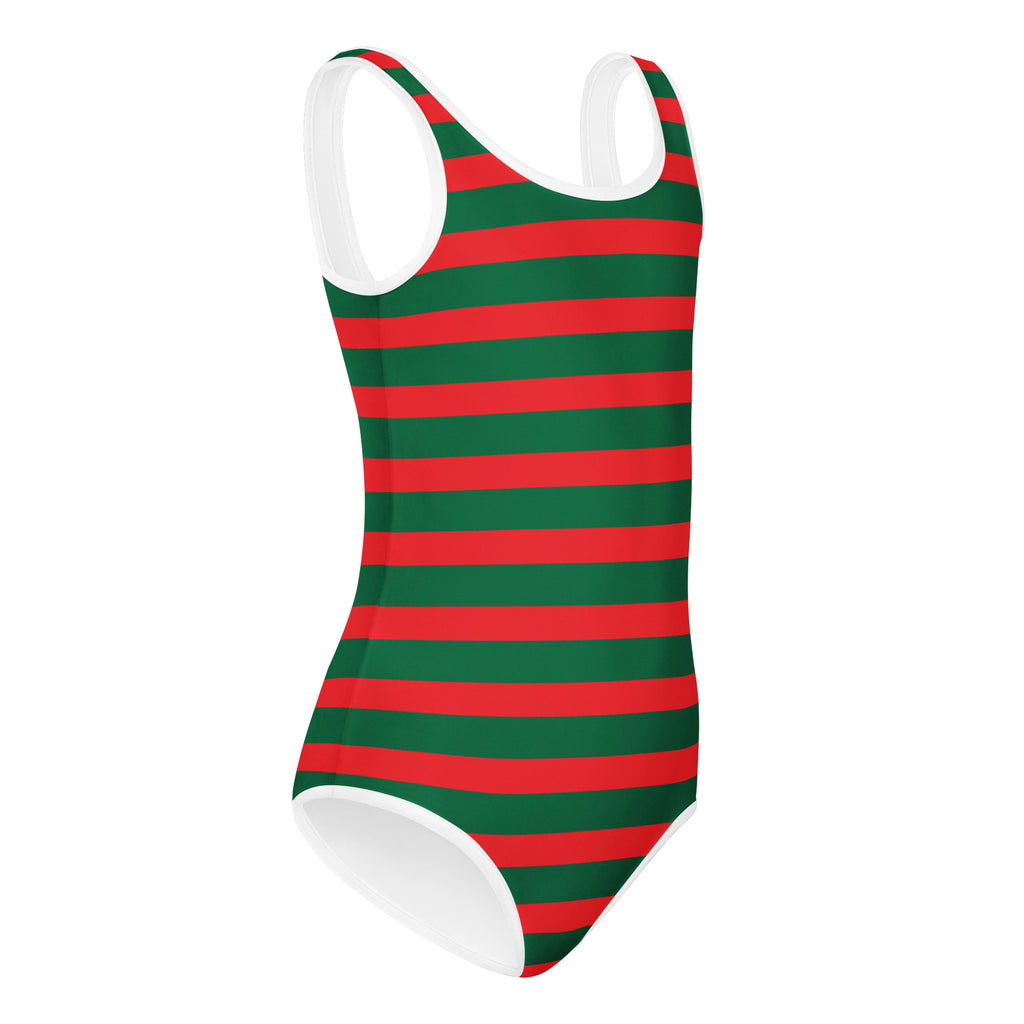 Girls christmas themed striped buttery soft quick drying swimsuit with red green stripes and white trim for dance and gymnastics