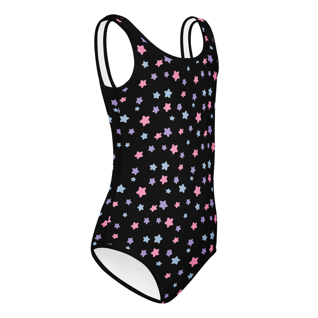 Black girls pastel star buttery soft leotard with thin straps and quick drying fabric for dance and gymnastics