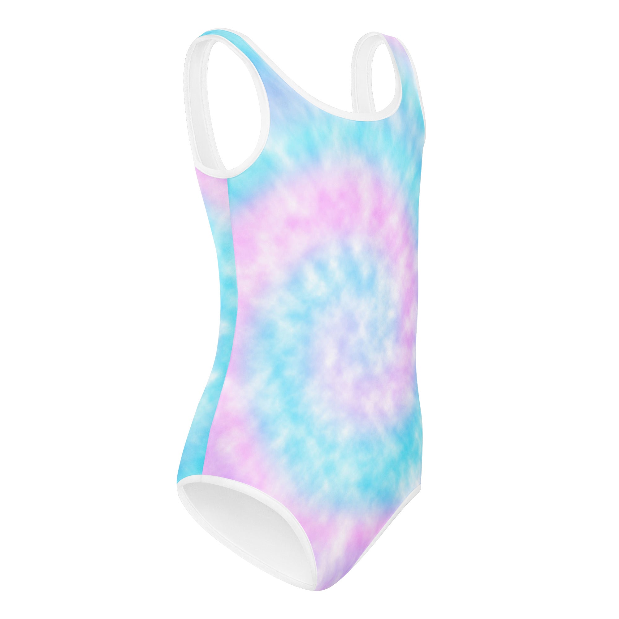 Girls faux tie dye buttery soft pastel one-piece swimsuit with white trim quick drying for dance and gymnastics
