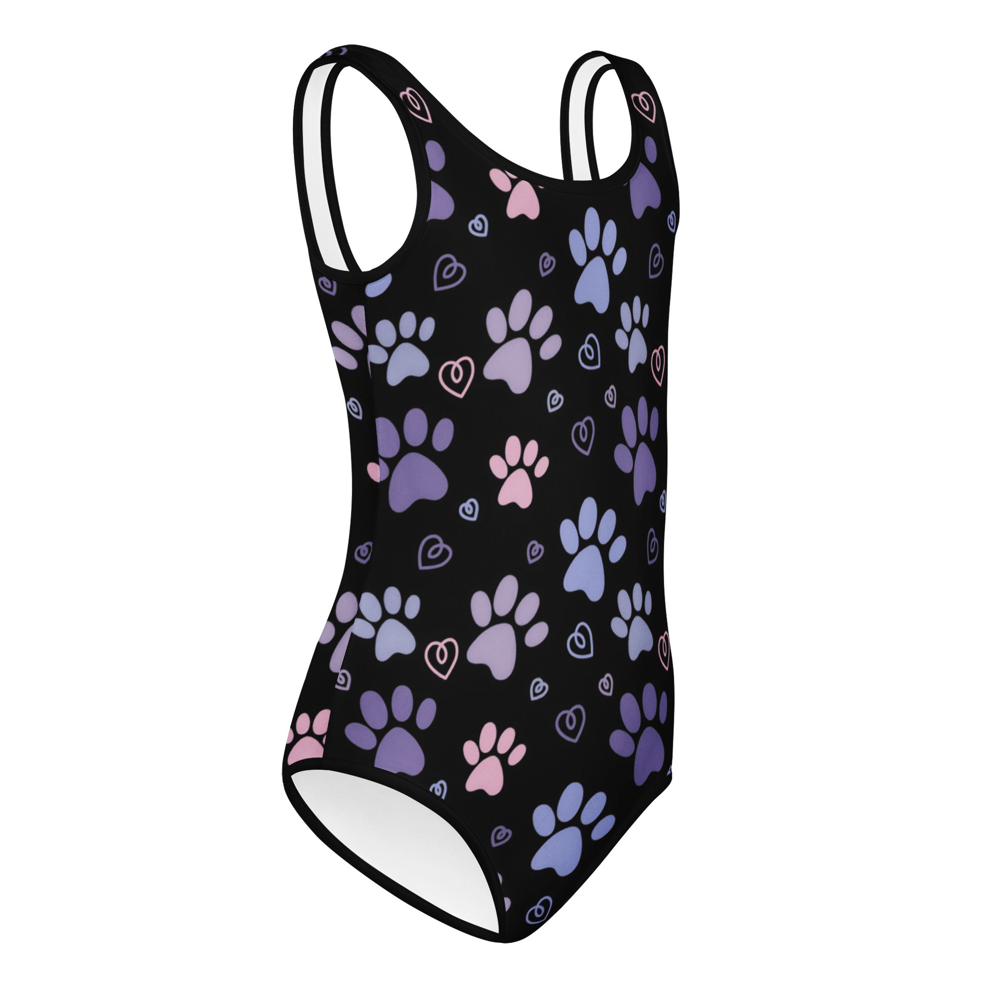 Black one-piece girls leotard with thin straps and purple pink paw prints hearts buttery soft quick drying for dance and gymnastics