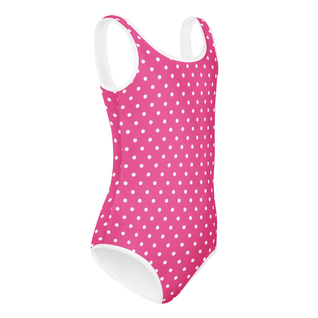 Girls pink polka dots buttery soft quick drying leotard with white trim for dance and gymnastics