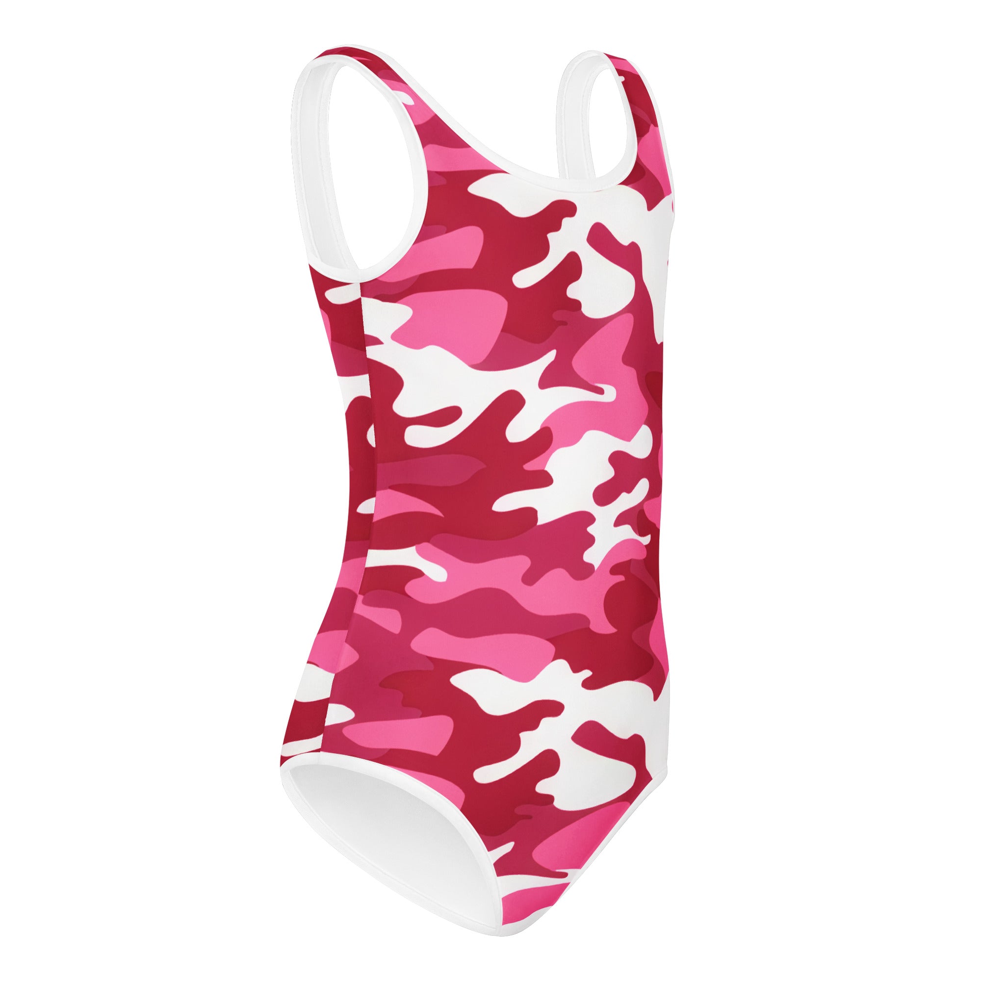Girls pink camouflage buttery soft one-piece swimsuit with white straps quick drying for dance and gymnastics