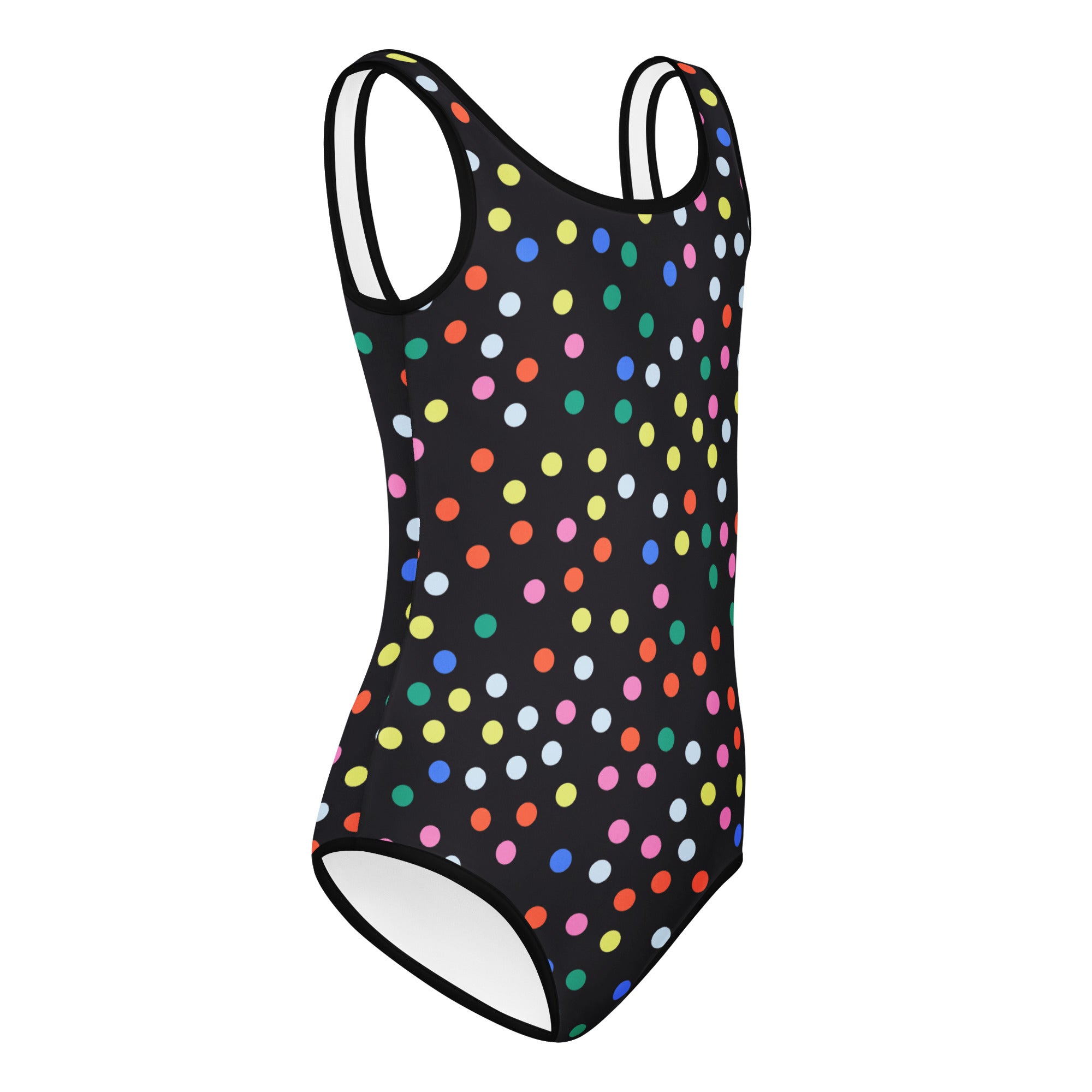 Girls rainbow polka dots buttery soft black one-piece swimsuit with white trim quick drying for dance and gymnastics