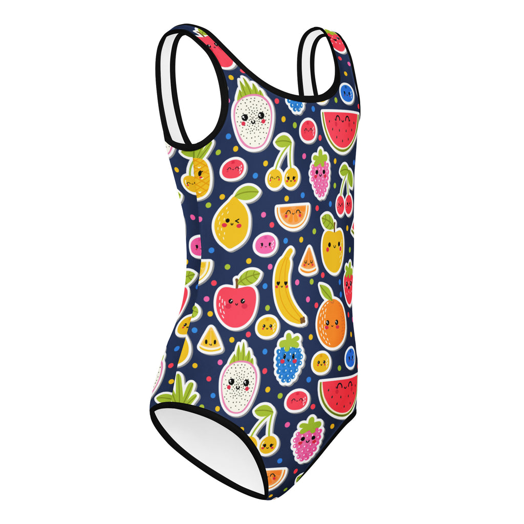 A navy blue girls emoji fruit buttery soft leotard with colorful smiling cartoon fruits quick drying for dance and gymnastics