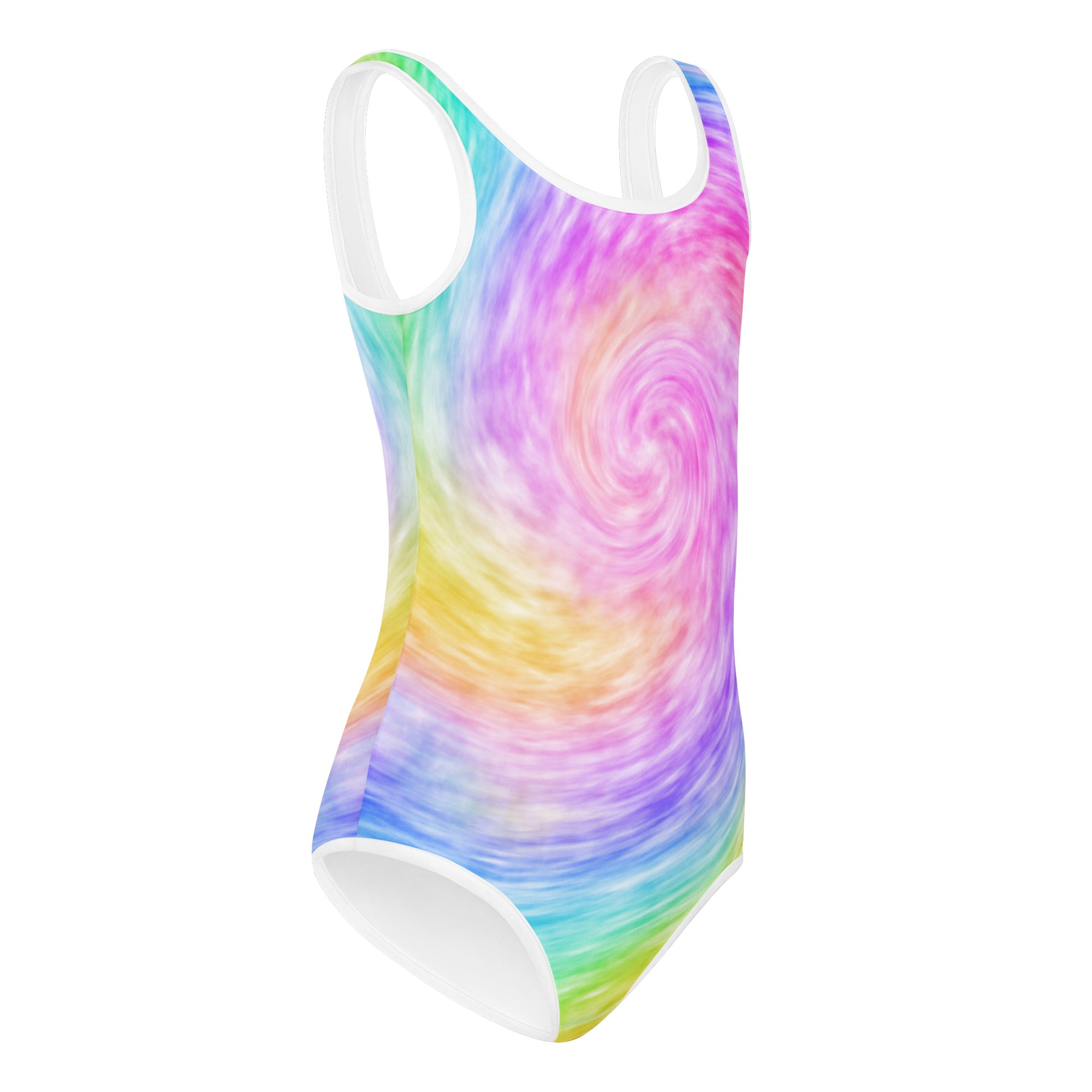 Girls rainbow tie dye buttery soft quick drying leotard with vibrant rainbow swirl and white trim for dance and gymnastics