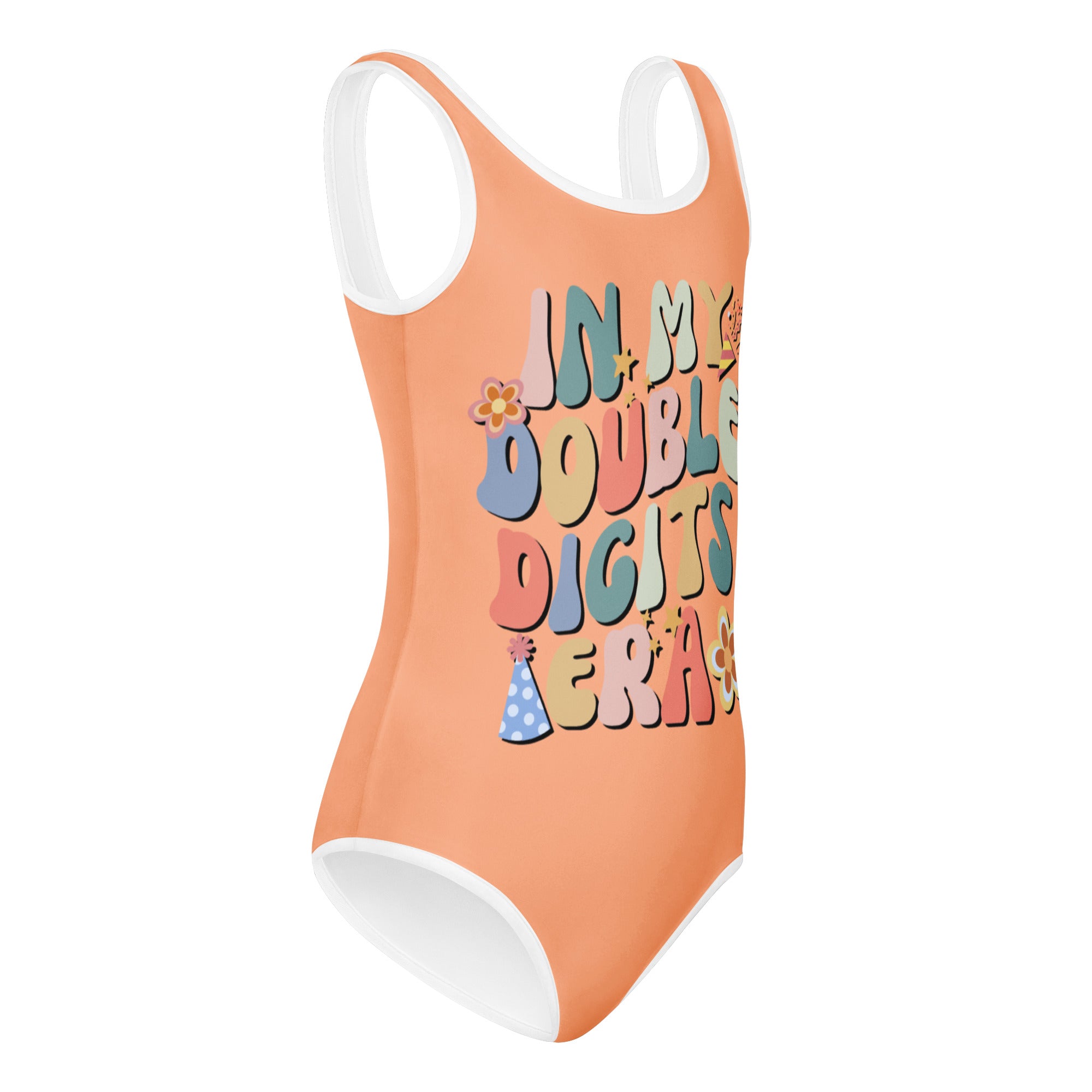 A vibrant orange girls leotard with white trim featuring an in my double digits era graphic quick drying for dance