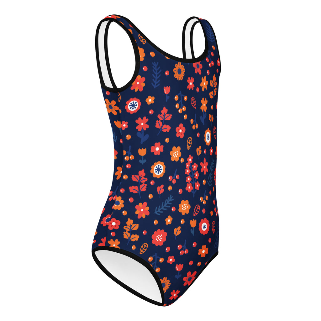 Girls navy floral buttery soft quick drying one-piece swimsuit with orange red and white blossoms for dance and gymnastics