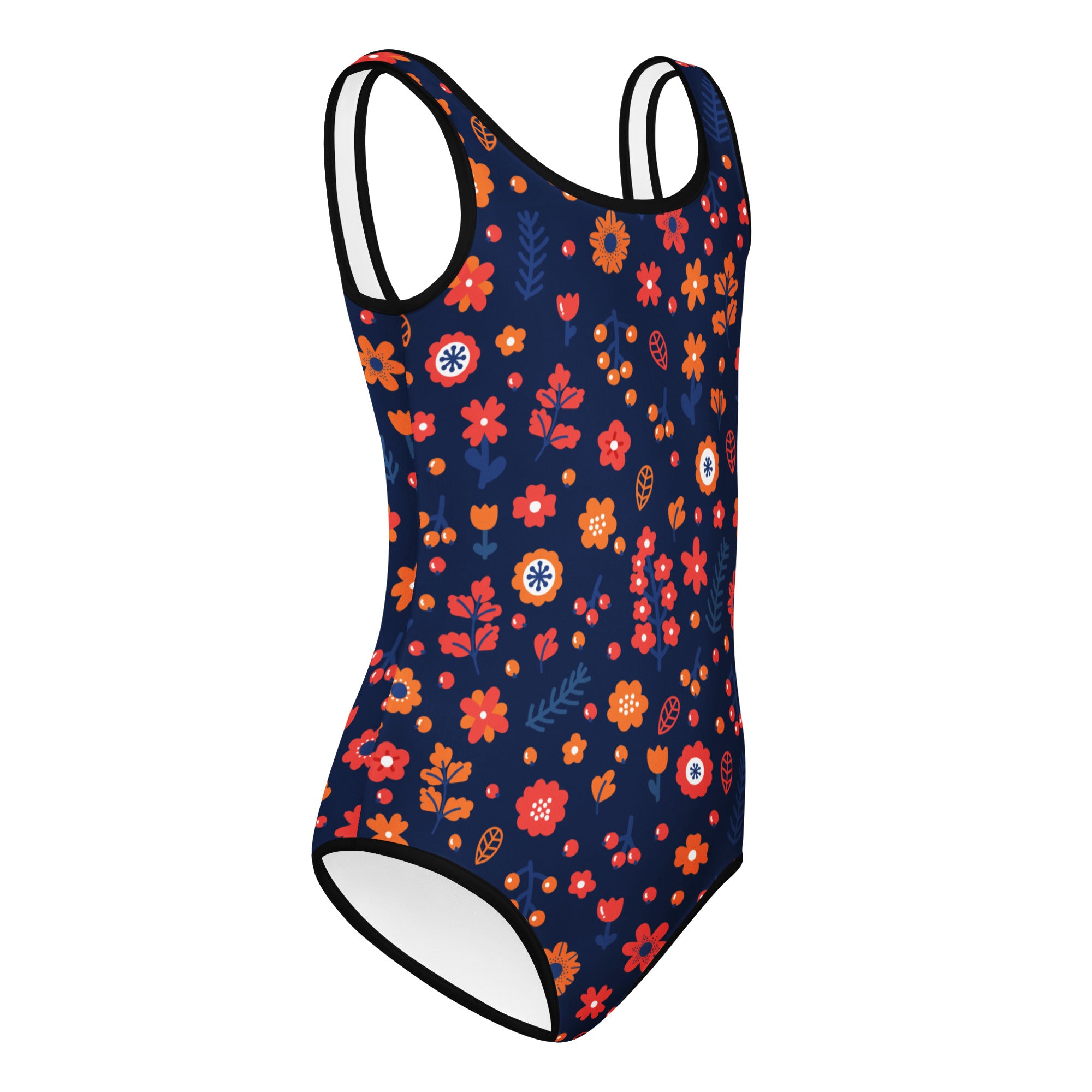 Girls navy floral buttery soft quick drying one-piece swimsuit with orange red and white blossoms for dance and gymnastics