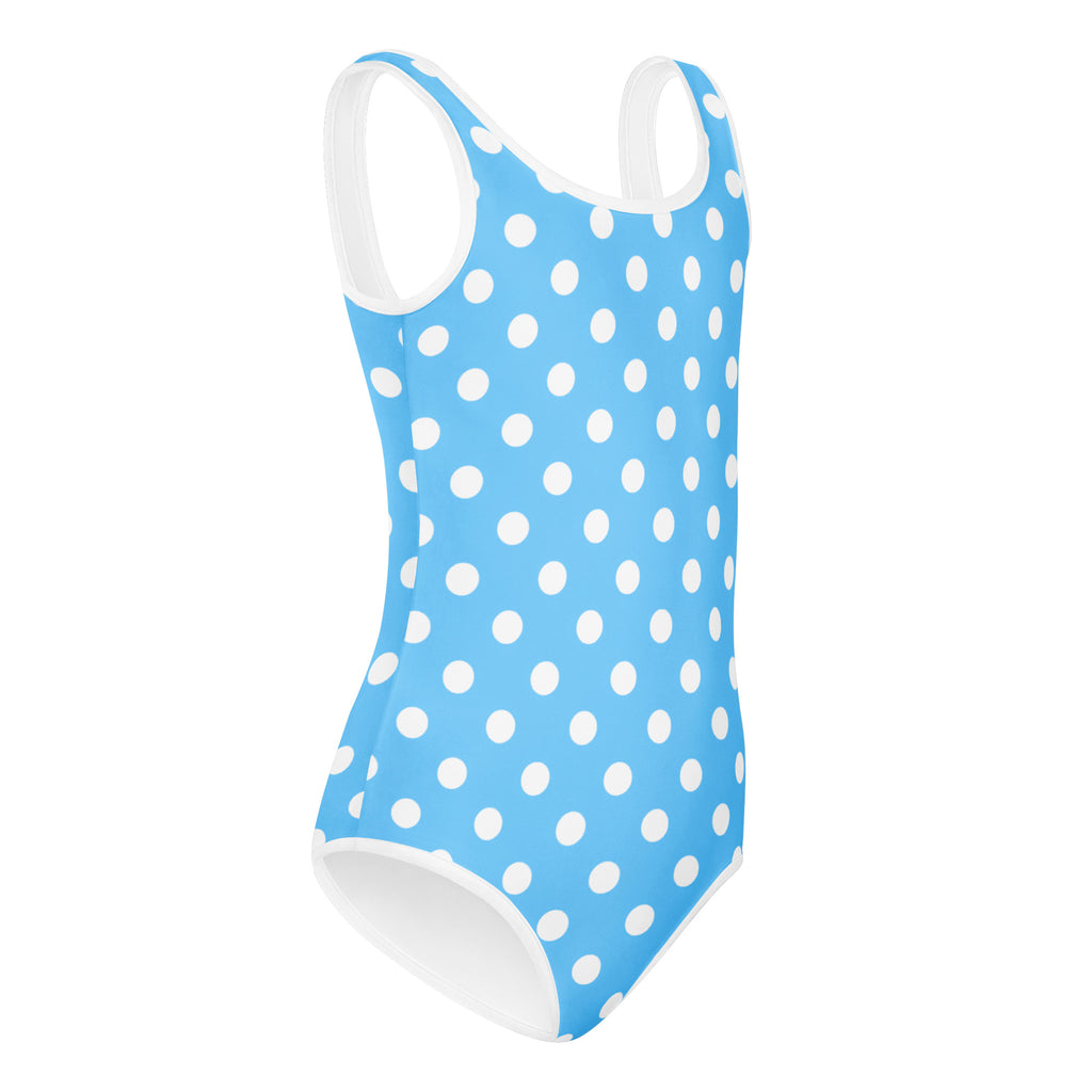 Girls blue polka dots buttery soft quick drying leotard with white trim for dance and gymnastics