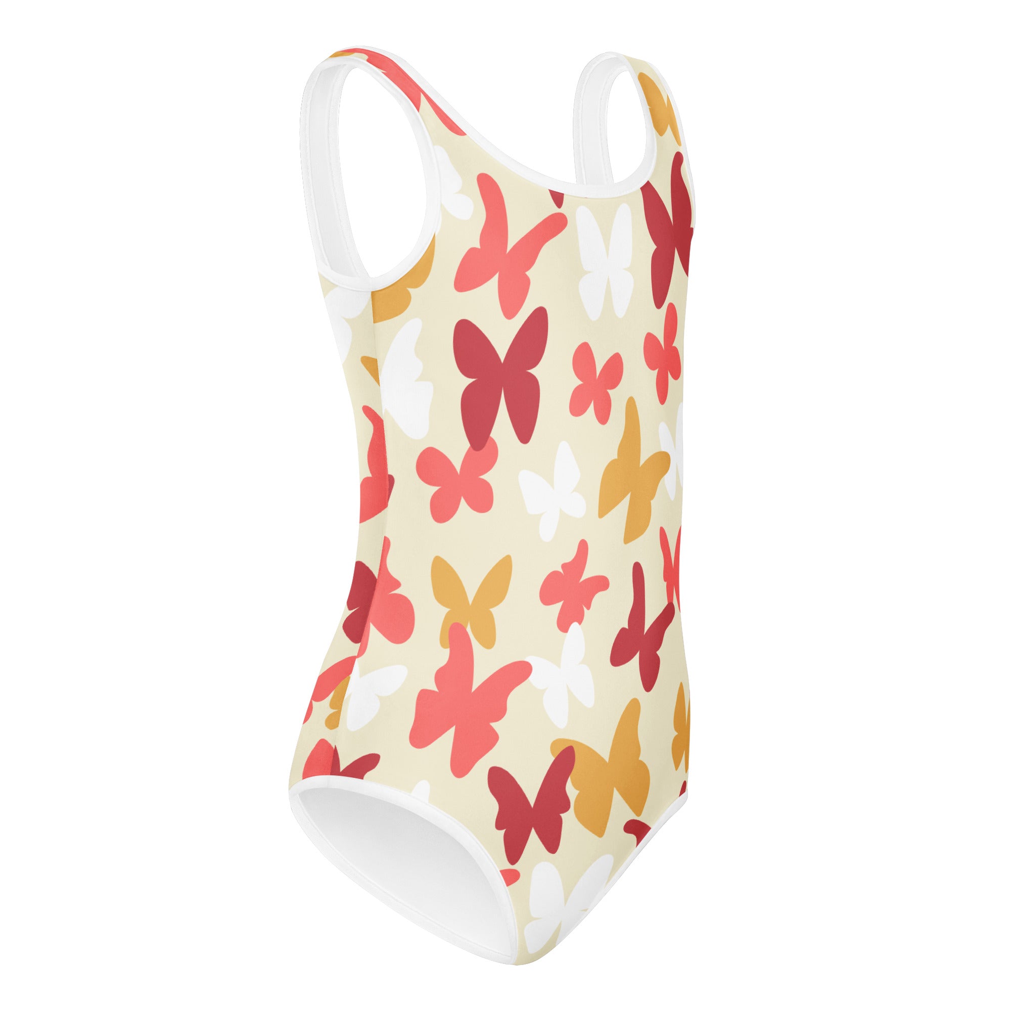 Girls autumn butterflies buttery soft one-piece swimsuit with white coral gold butterflies on cream quick drying