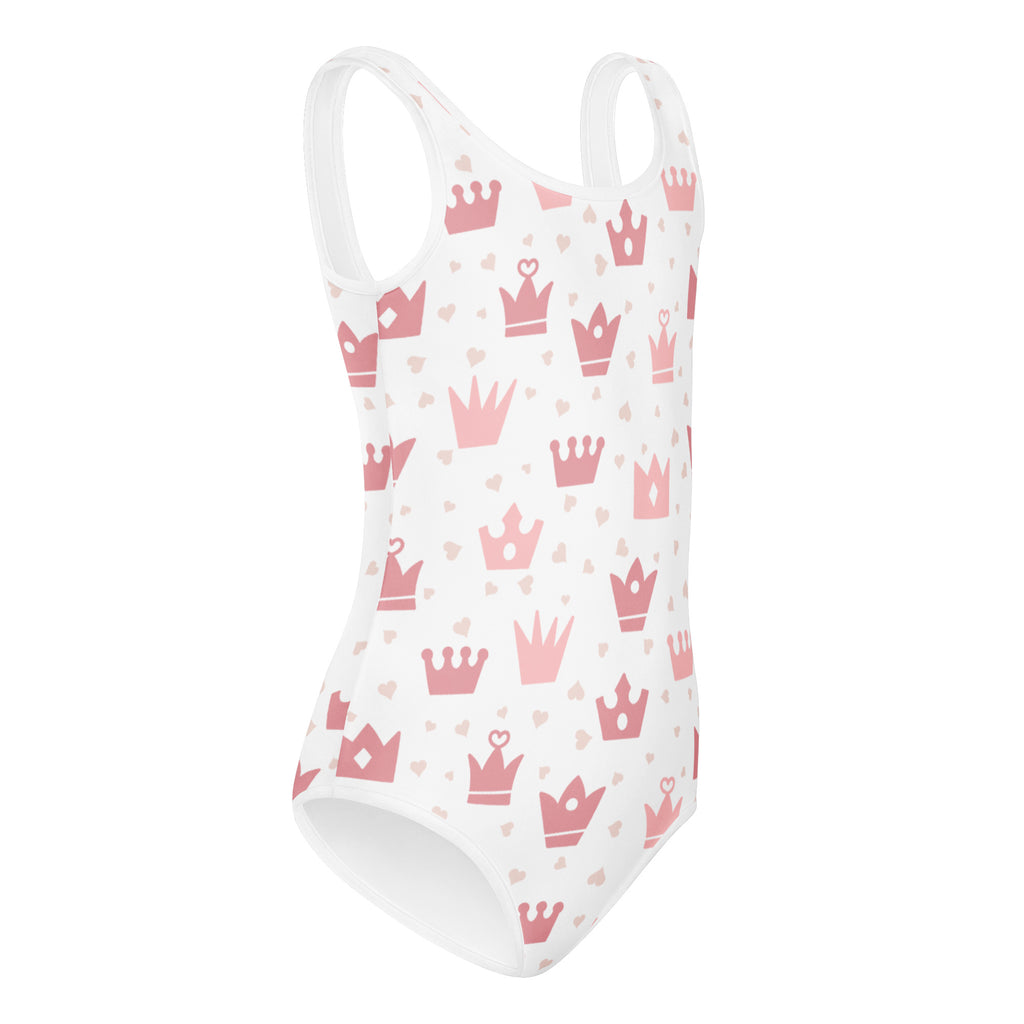 White girls one-piece swimsuit with pink crowns and hearts buttery soft quick drying for dance and gymnastics