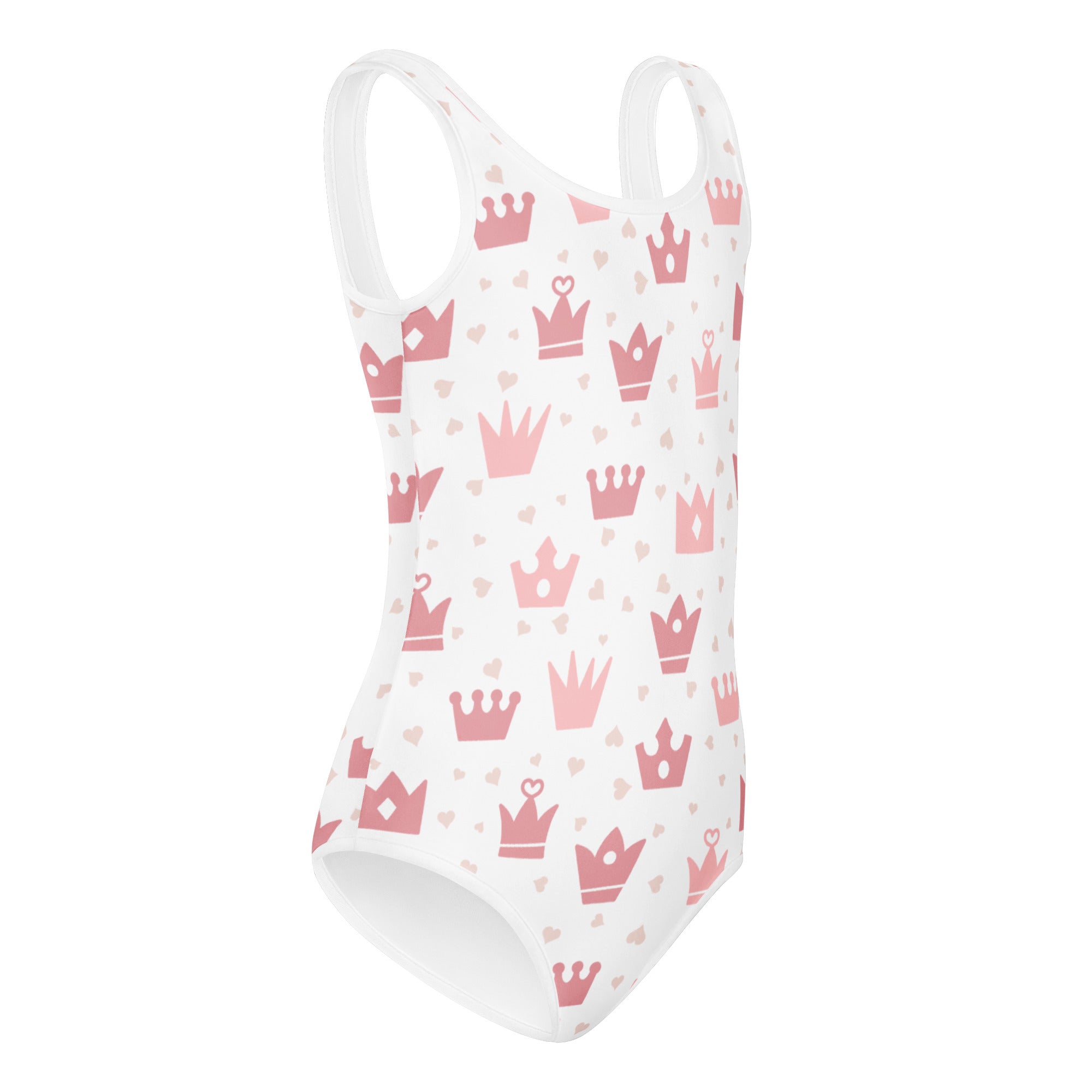 White girls one-piece swimsuit with pink crowns and hearts buttery soft quick drying for dance and gymnastics