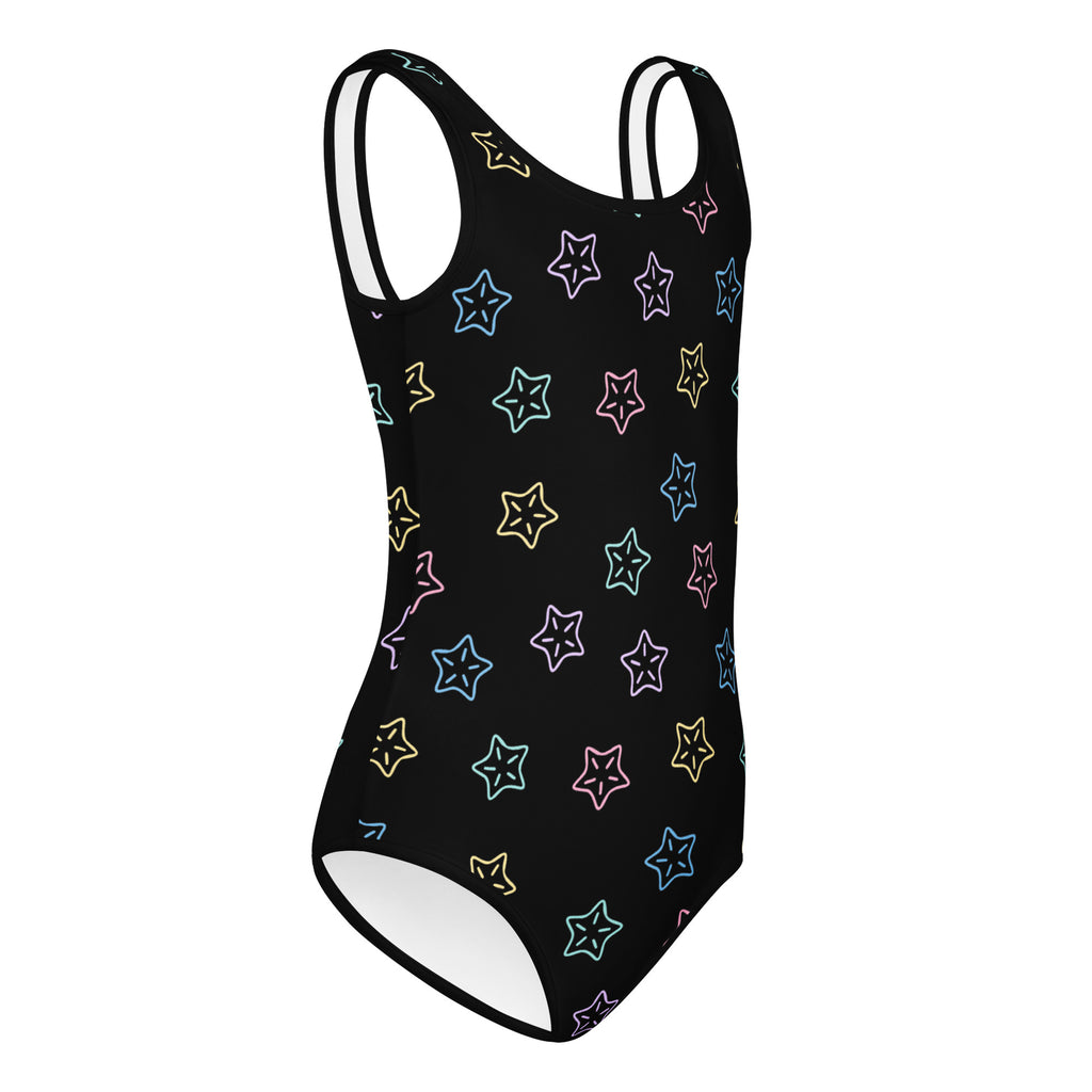 Girls stars buttery soft black one-piece leotard with neon star pattern and thin white straps for dance and gymnastics