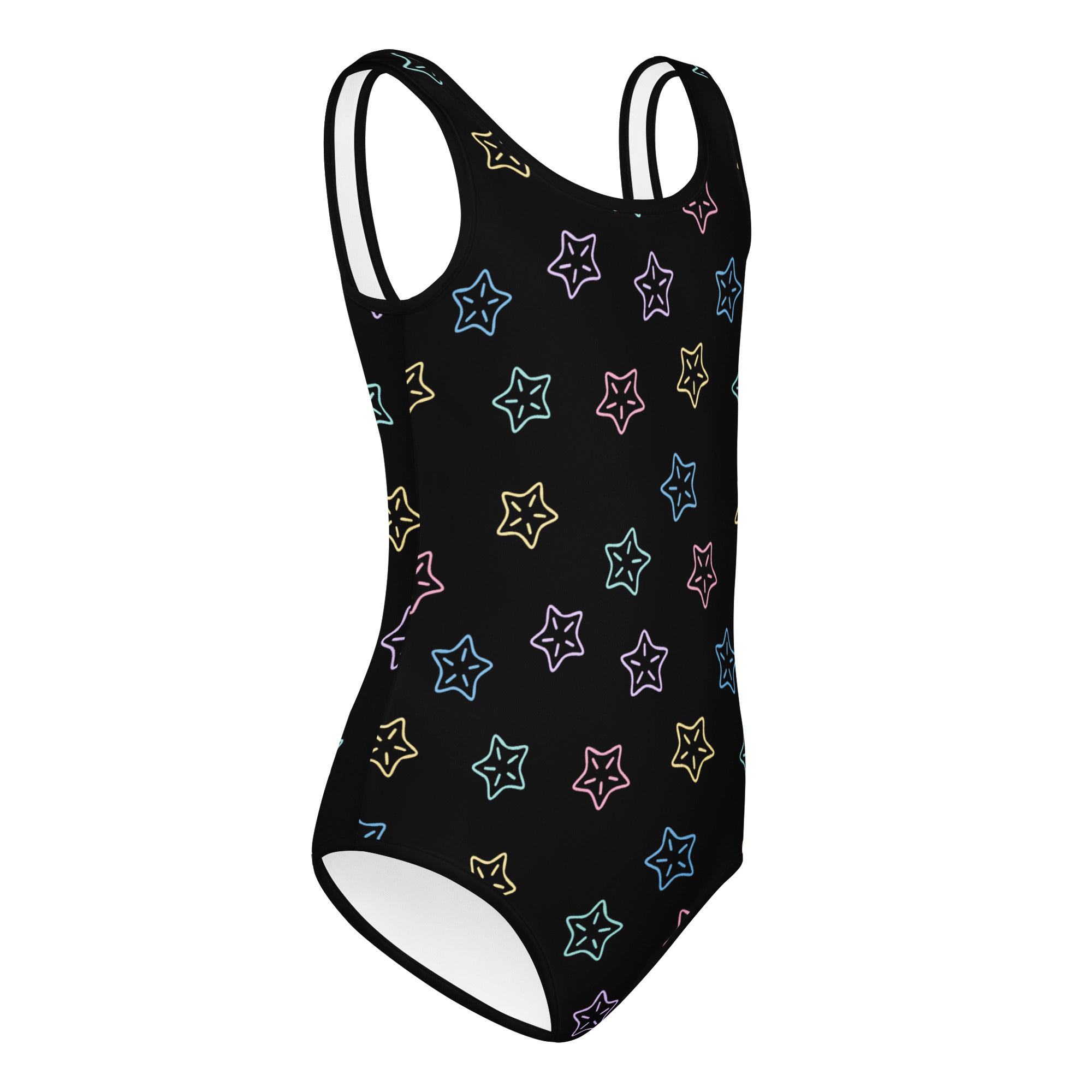 Girls stars buttery soft black one-piece leotard with neon star pattern and thin white straps for dance and gymnastics
