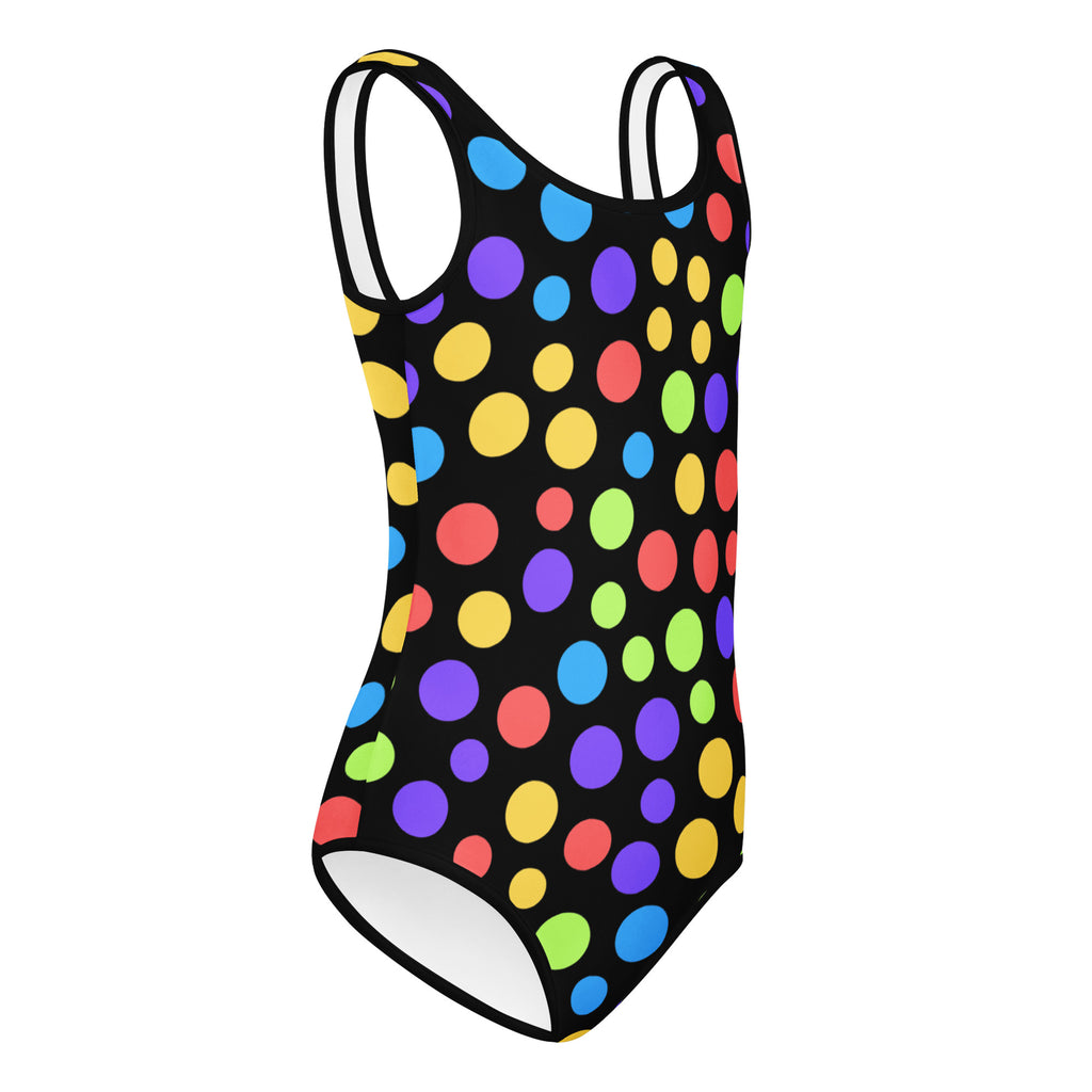 Girls colorful rainbow polka dots black one-piece leotard with white trim buttery soft quick drying for dance and gymnastics