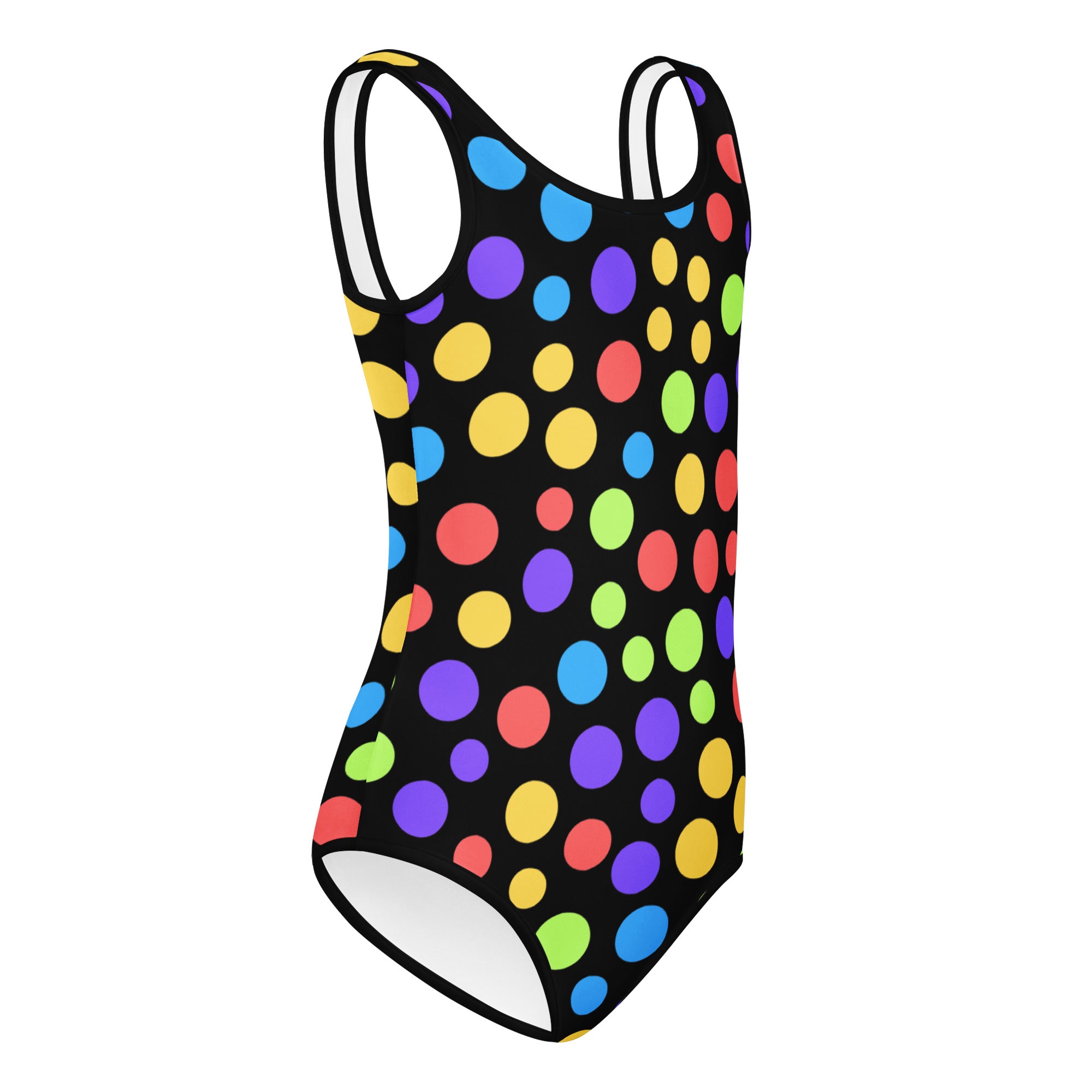 Girls colorful rainbow polka dots black one-piece leotard with white trim buttery soft quick drying for dance and gymnastics