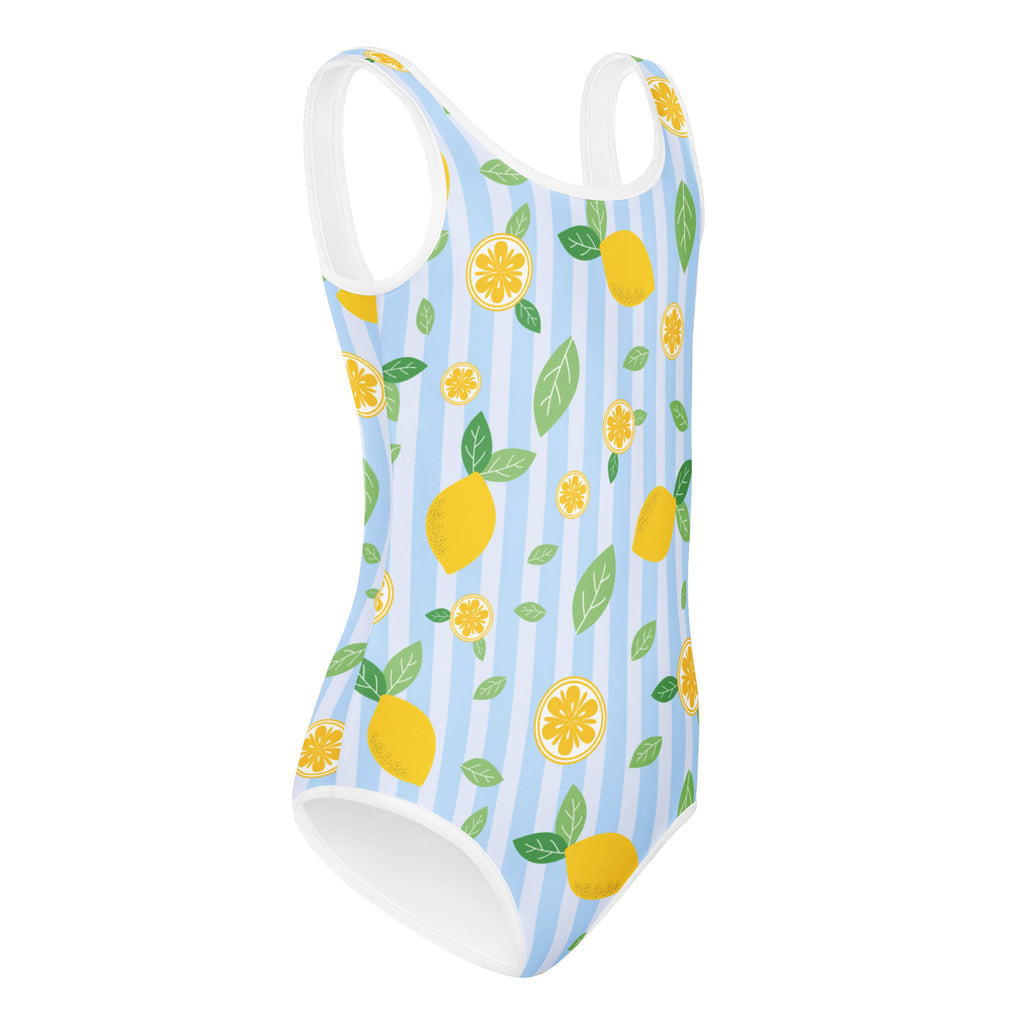 Girls lemon stripe buttery soft light blue one-piece swimsuit with white trim and lemon pattern for dance and gymnastics