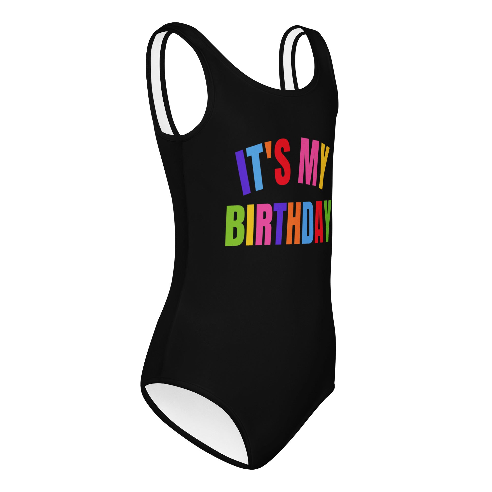 Girls black buttery soft one-piece swimsuit with white trim and colorful its my birthday graphic for dance and gymnastics