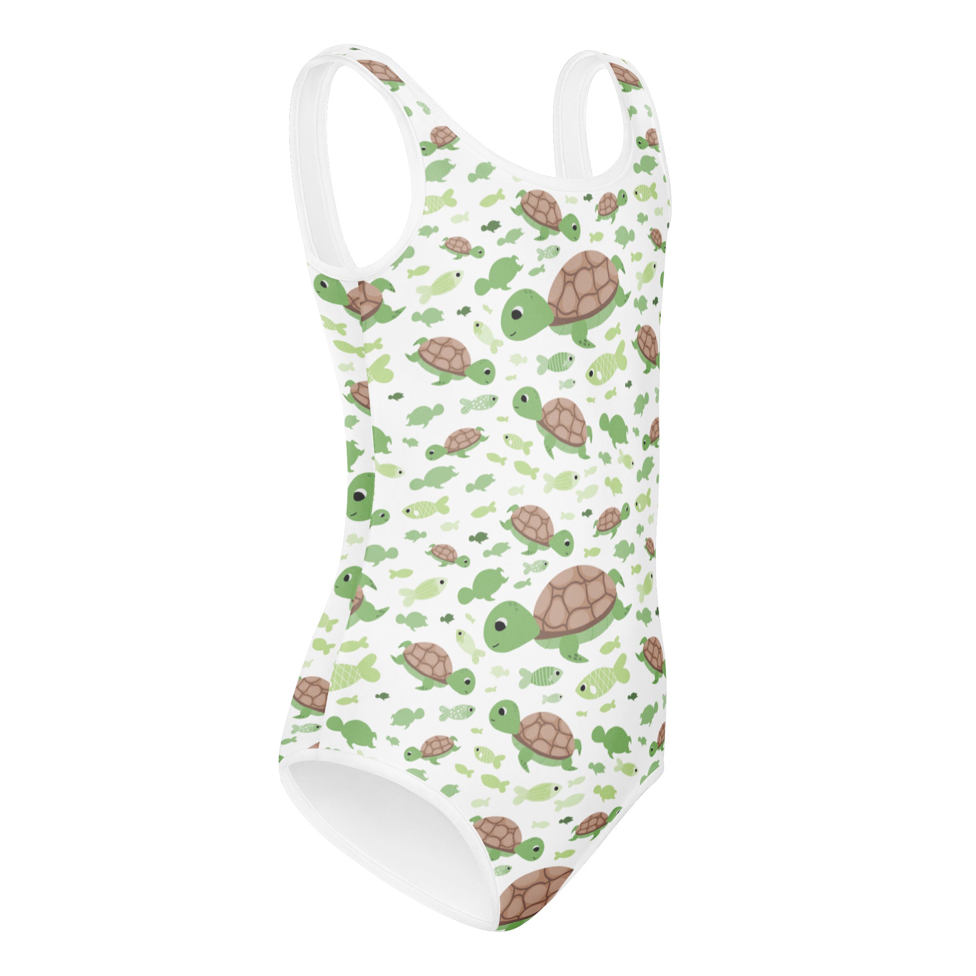 White girls one-piece swimsuit with green and brown cartoon turtles and fish pattern quick drying for dance and gymnastics