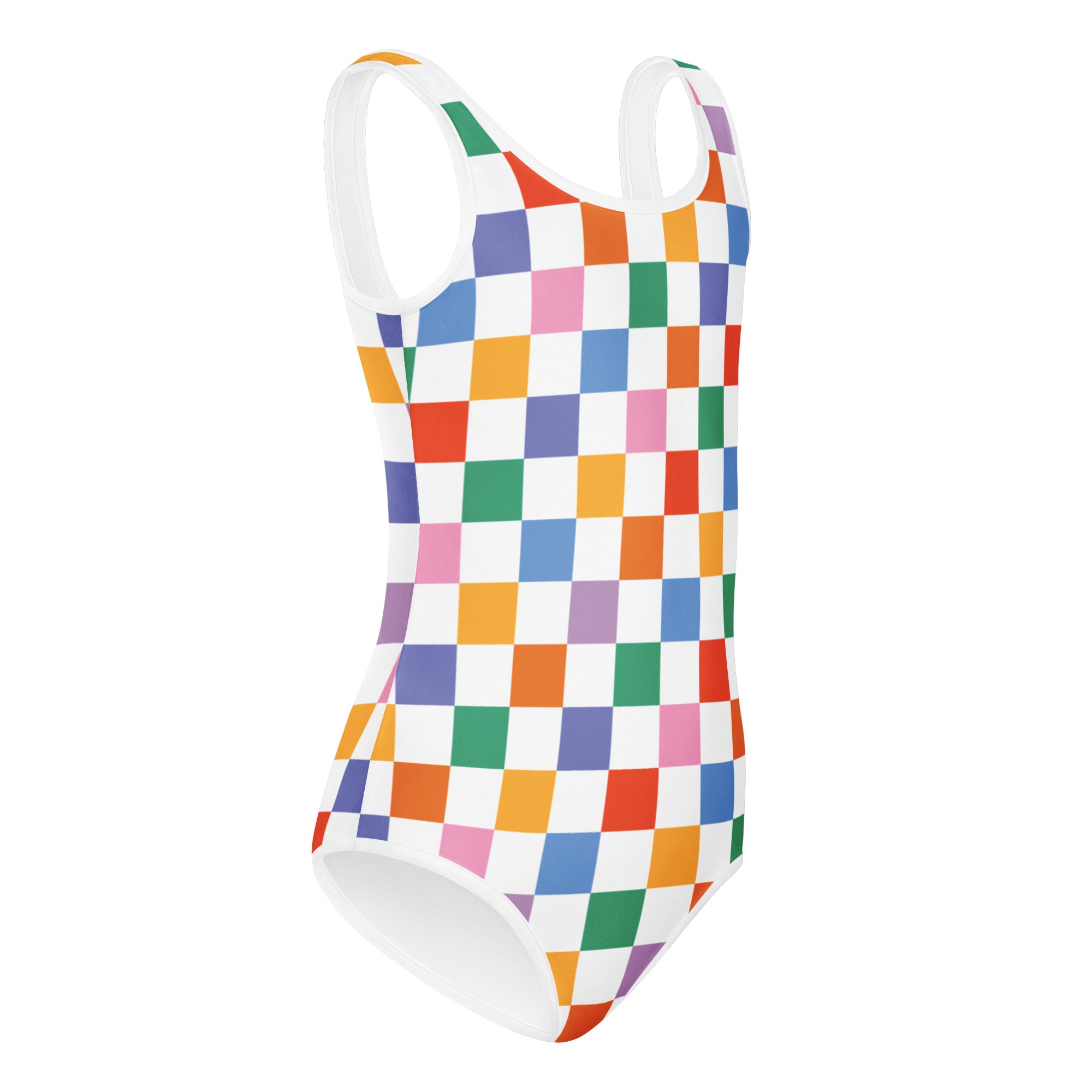A vibrant rainbow checkered girls one-piece leotard with white straps made of buttery soft, quick drying fabric