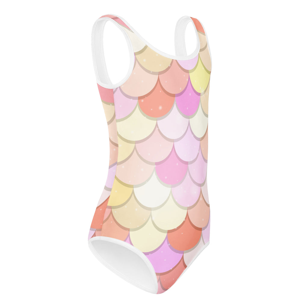 Girls pink mermaid pastel scale one-piece leotard with white trim buttery soft quick drying for dance and gymnastics