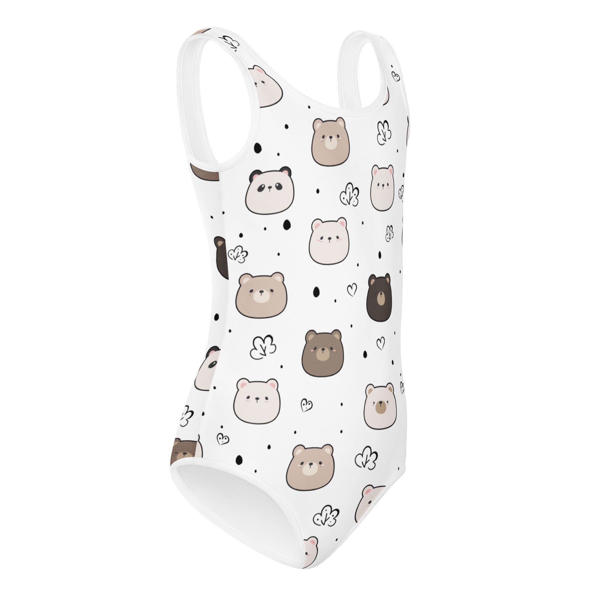 White one-piece swimsuit with playful cartoon bears pattern in brown and beige accented with black hearts and dots