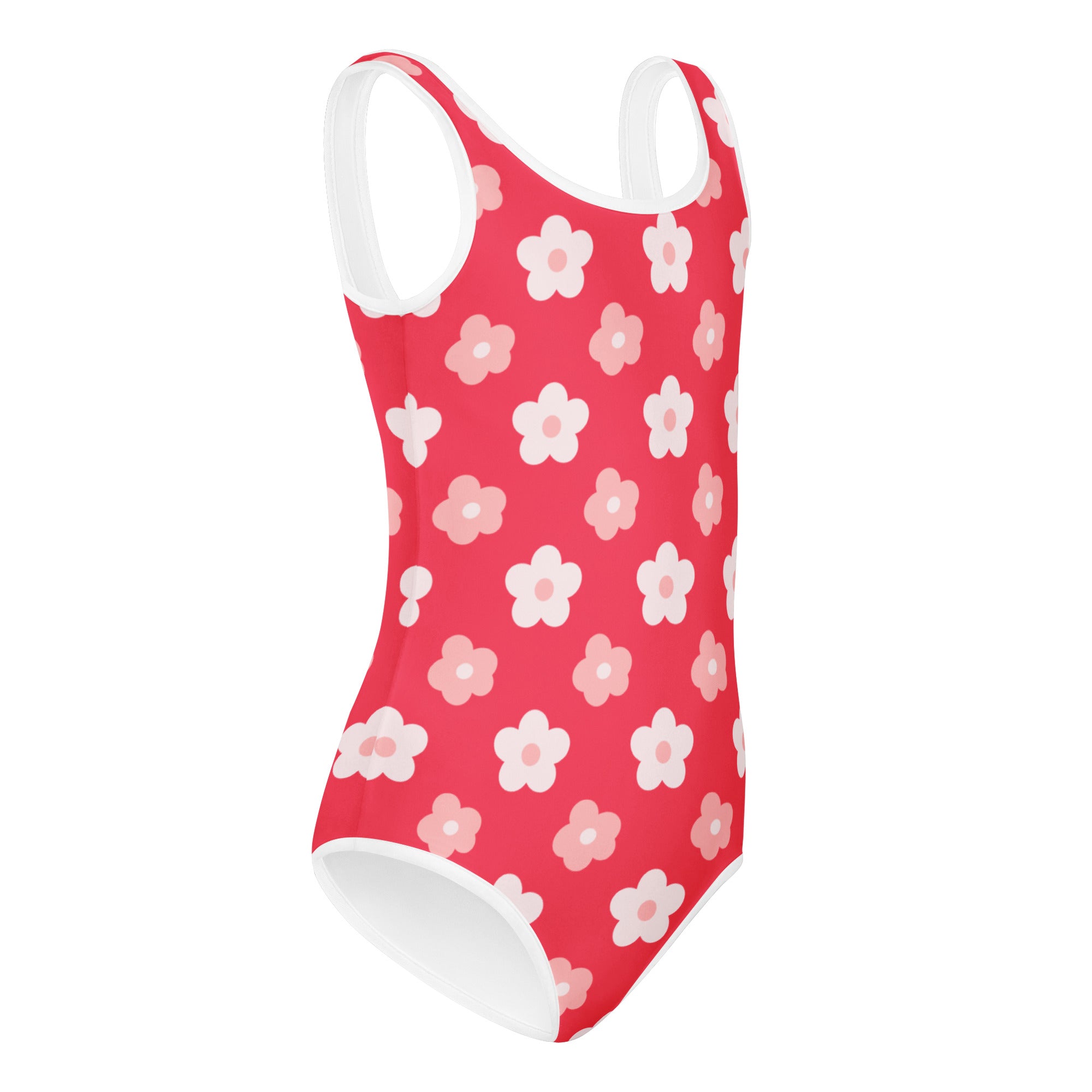 Girls pink retro flower buttery soft red one-piece swimsuit with white trim quick drying for dance and gymnastics