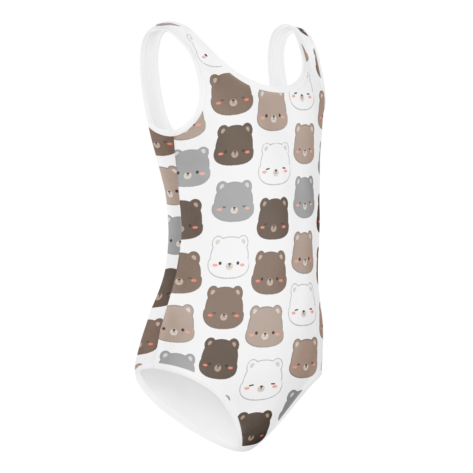 White one-piece girls leotard with playful brown gray bear faces and rosy cheeks quick drying for dance and gymnastics