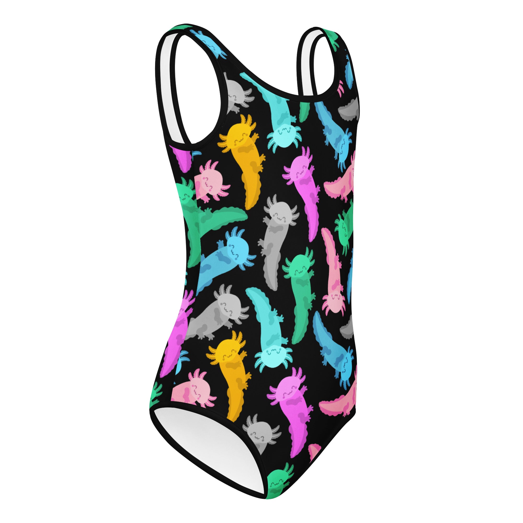 Black girls one-piece quick drying leotard with colorful cartoon axolotl pattern for dance and gymnastics