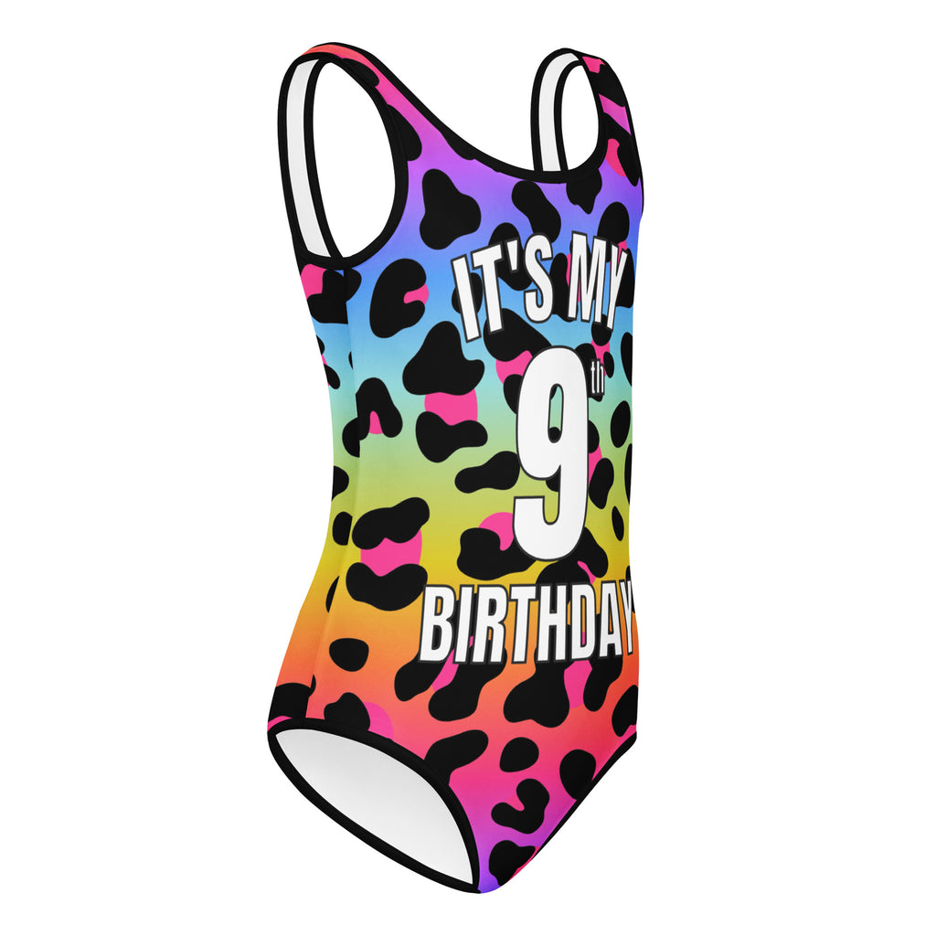 Girls Rainbow Leopard Custom Age It's My Birthday Leotard - Quick Drying For Dance and Gymnastics