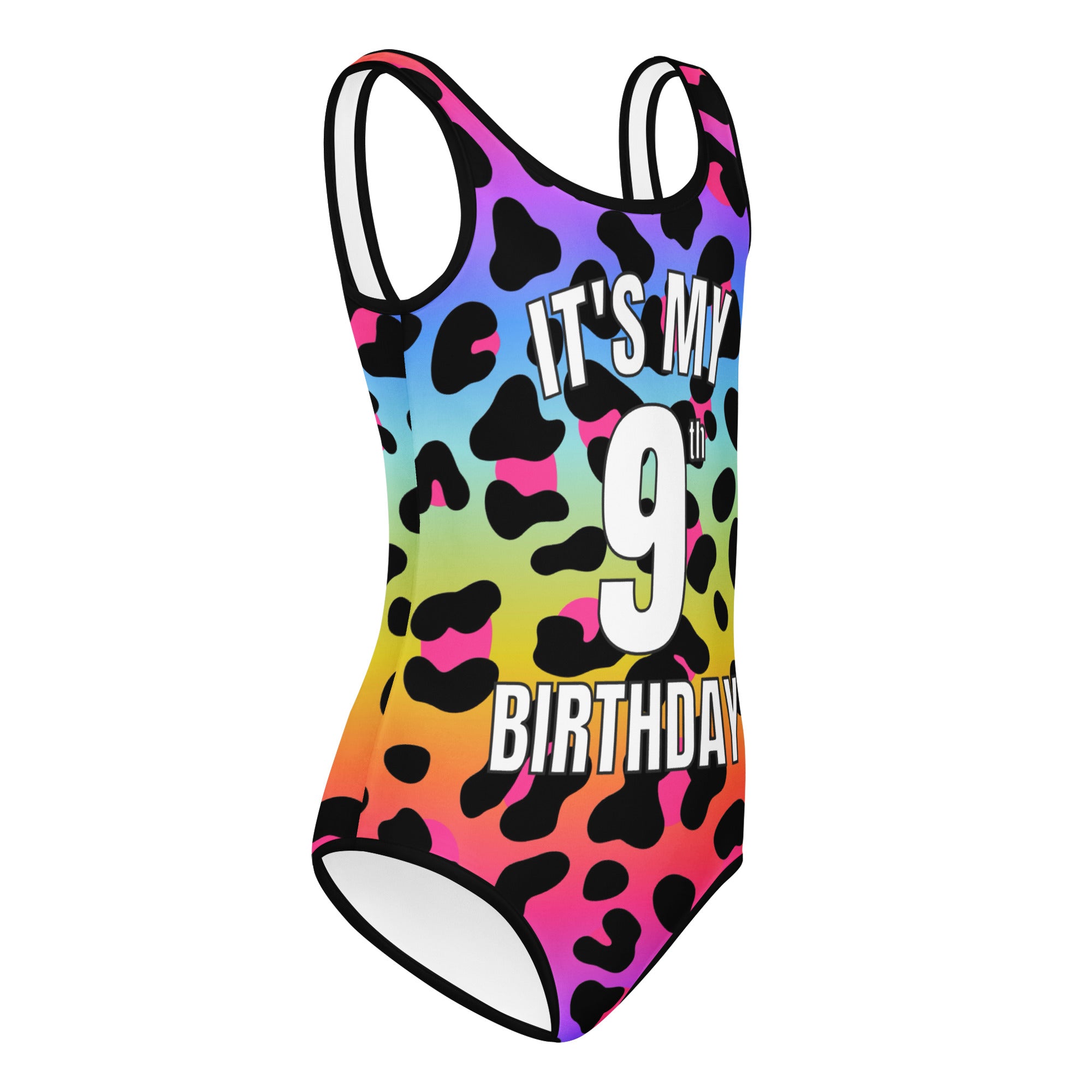 Girls Rainbow Leopard Custom Age It's My Birthday Leotard - Quick Drying For Dance and Gymnastics