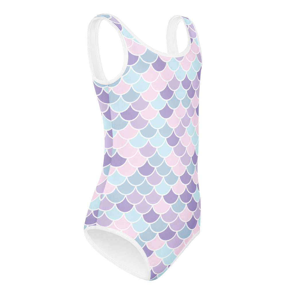 Girls pastel mermaid-scale buttery soft leotard with white trim quick drying for dance and gymnastics