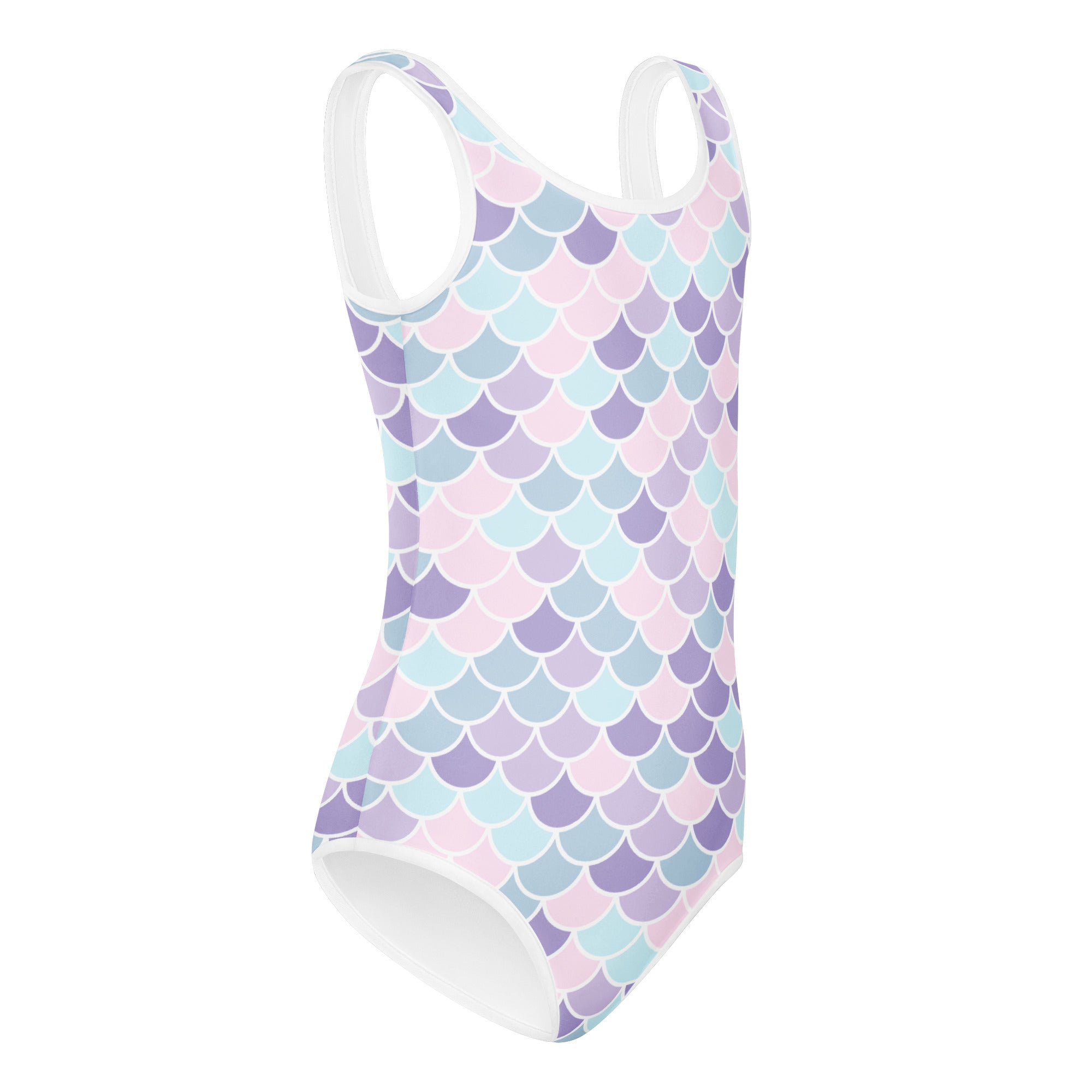Girls pastel mermaid-scale buttery soft leotard with white trim quick drying for dance and gymnastics