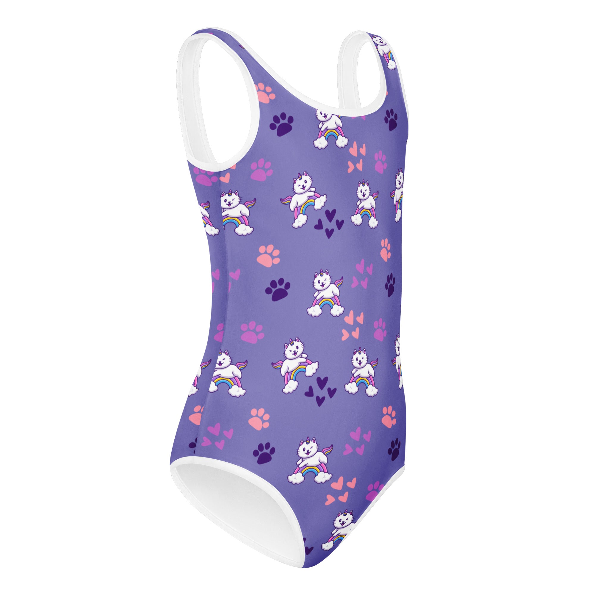 Girls purple caticorn buttery soft one-piece swimsuit with white trim and playful unicorn and paw print pattern