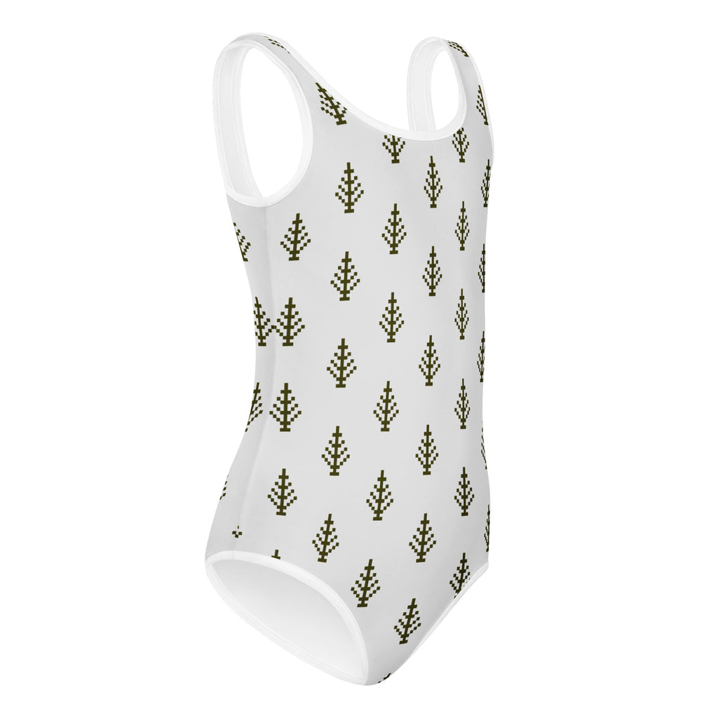 White girls pixel christmas tree leotard with olive green tree pattern buttery soft quick drying for dance and gymnastics
