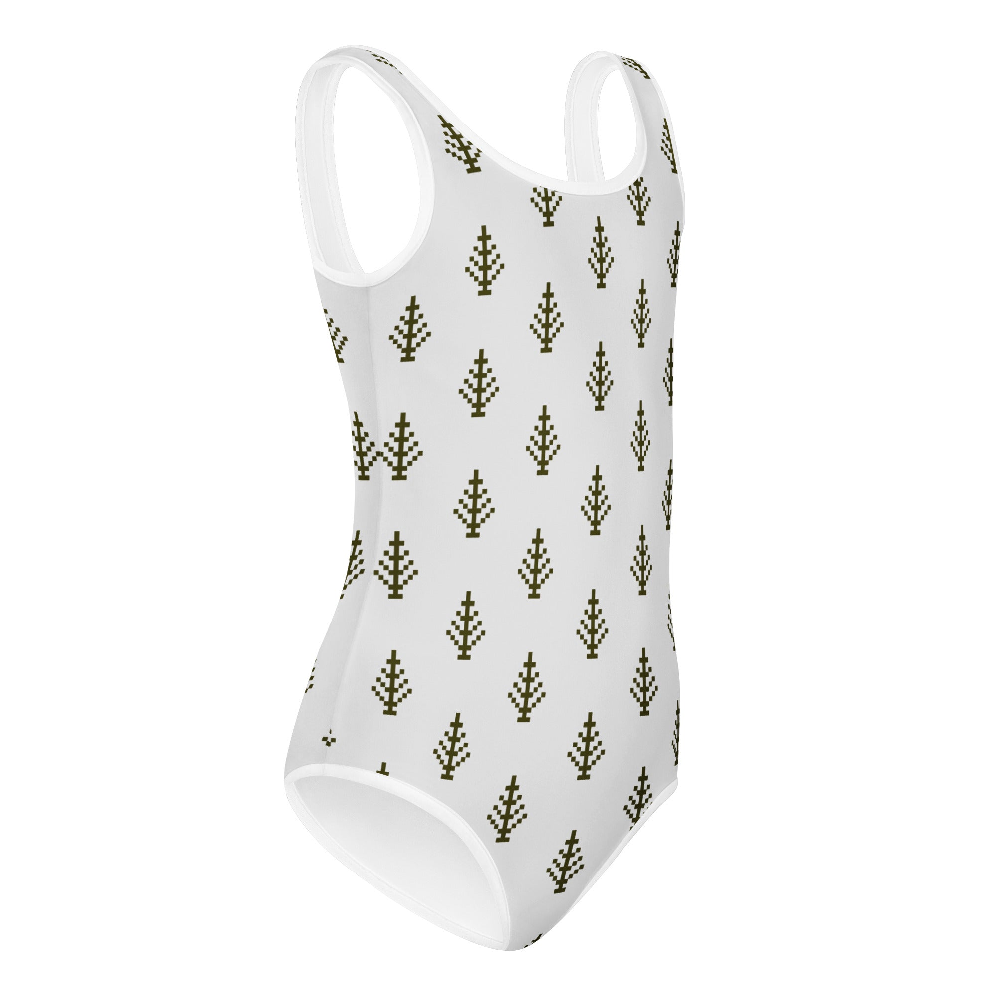 White girls pixel christmas tree leotard with olive green tree pattern buttery soft quick drying for dance and gymnastics