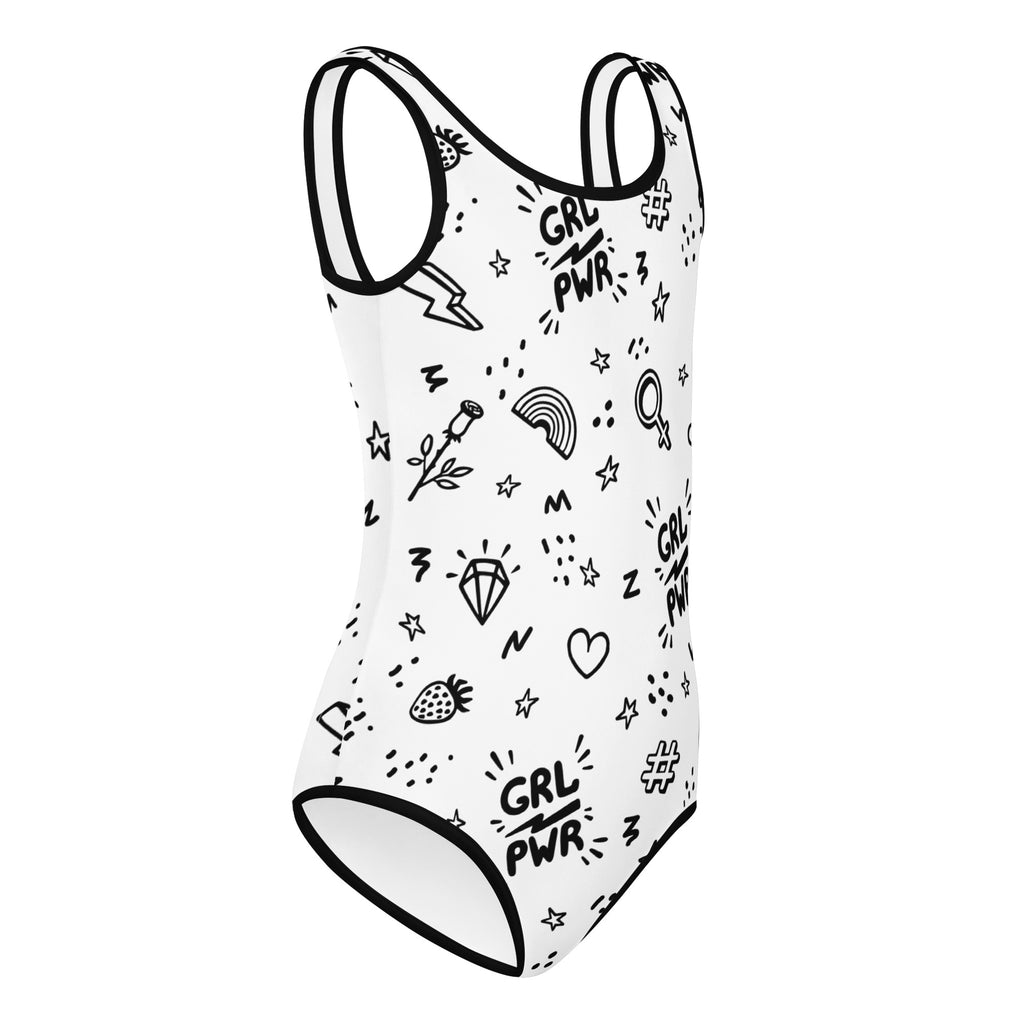 White one-piece quick-drying leotard with black outlined girl power doodles for dance and gymnastics use