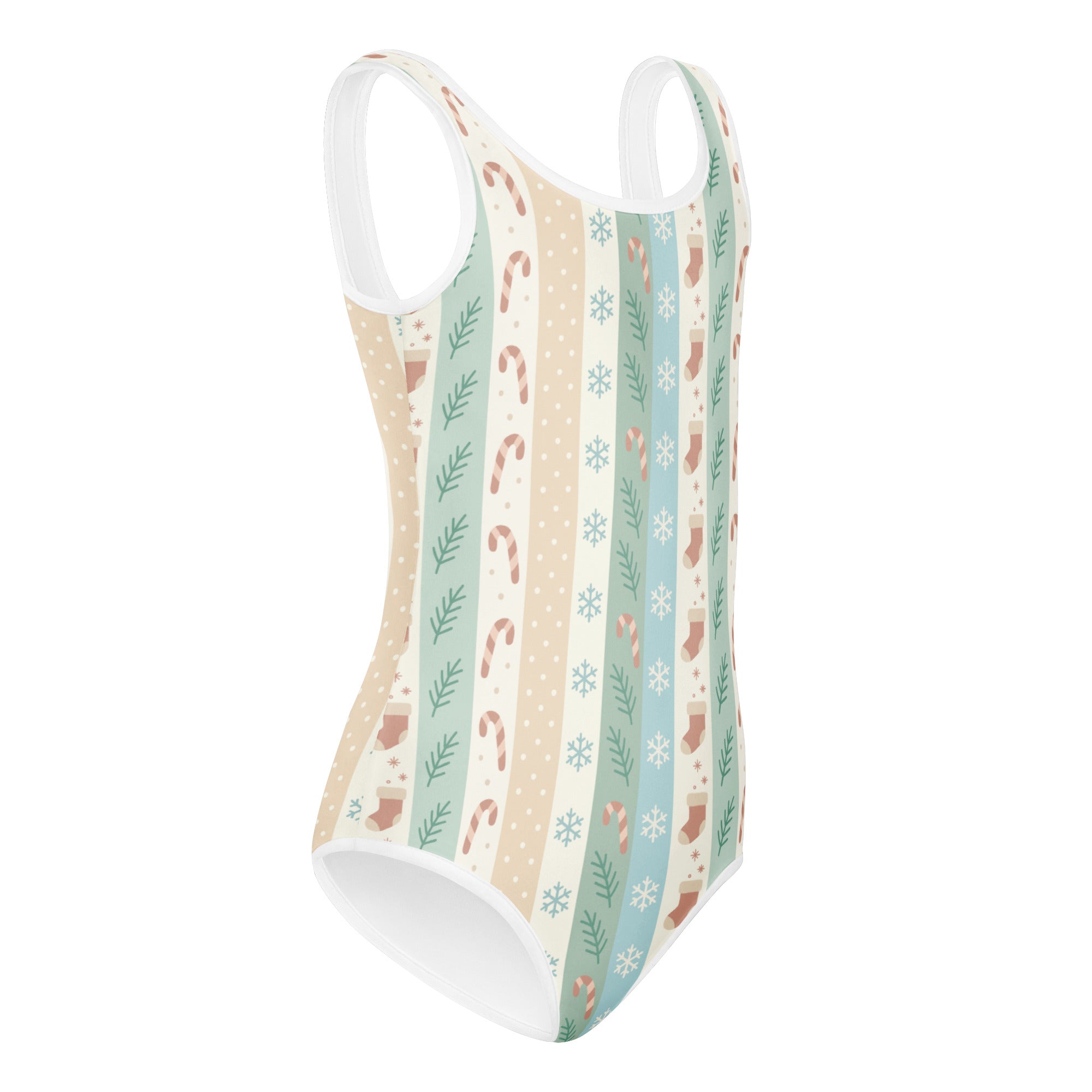 A festive girls pastel striped Christmas buttery soft leotard with candy canes mint green beige white quick drying