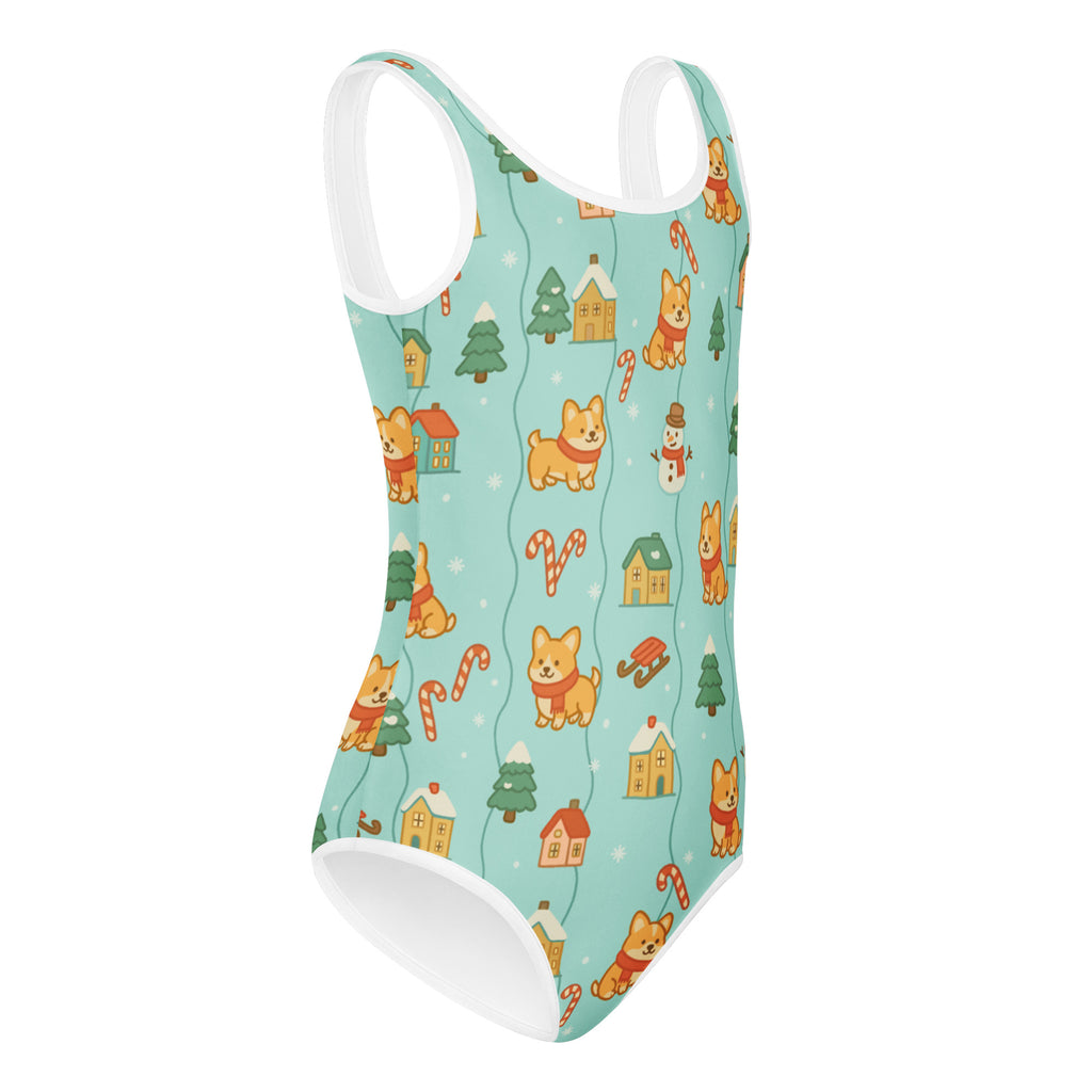 A light blue girls shiba inu christmas buttery soft leotard with white trim and festive corgi and holiday prints
