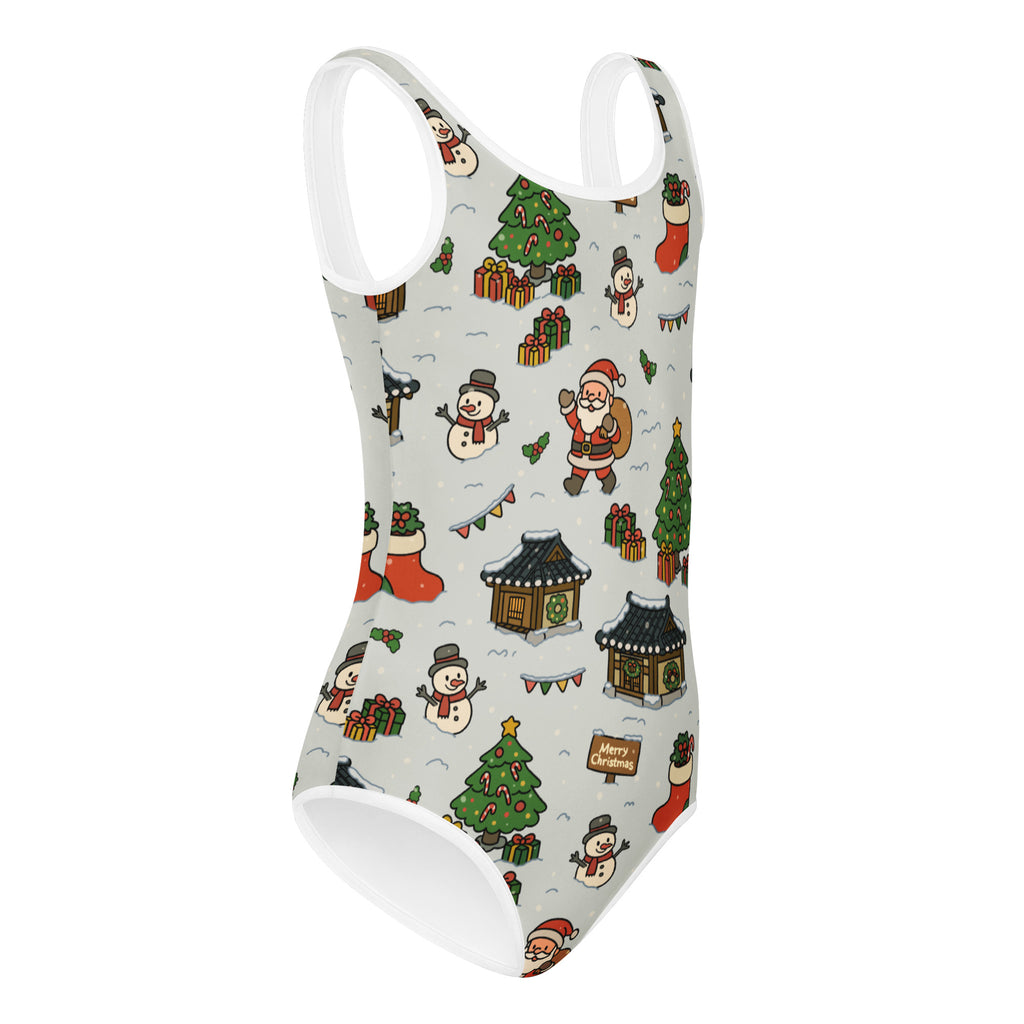 Girls santa village christmas buttery soft leotard in light gray with festive snowmen santa and tree prints for dance and gymnastics