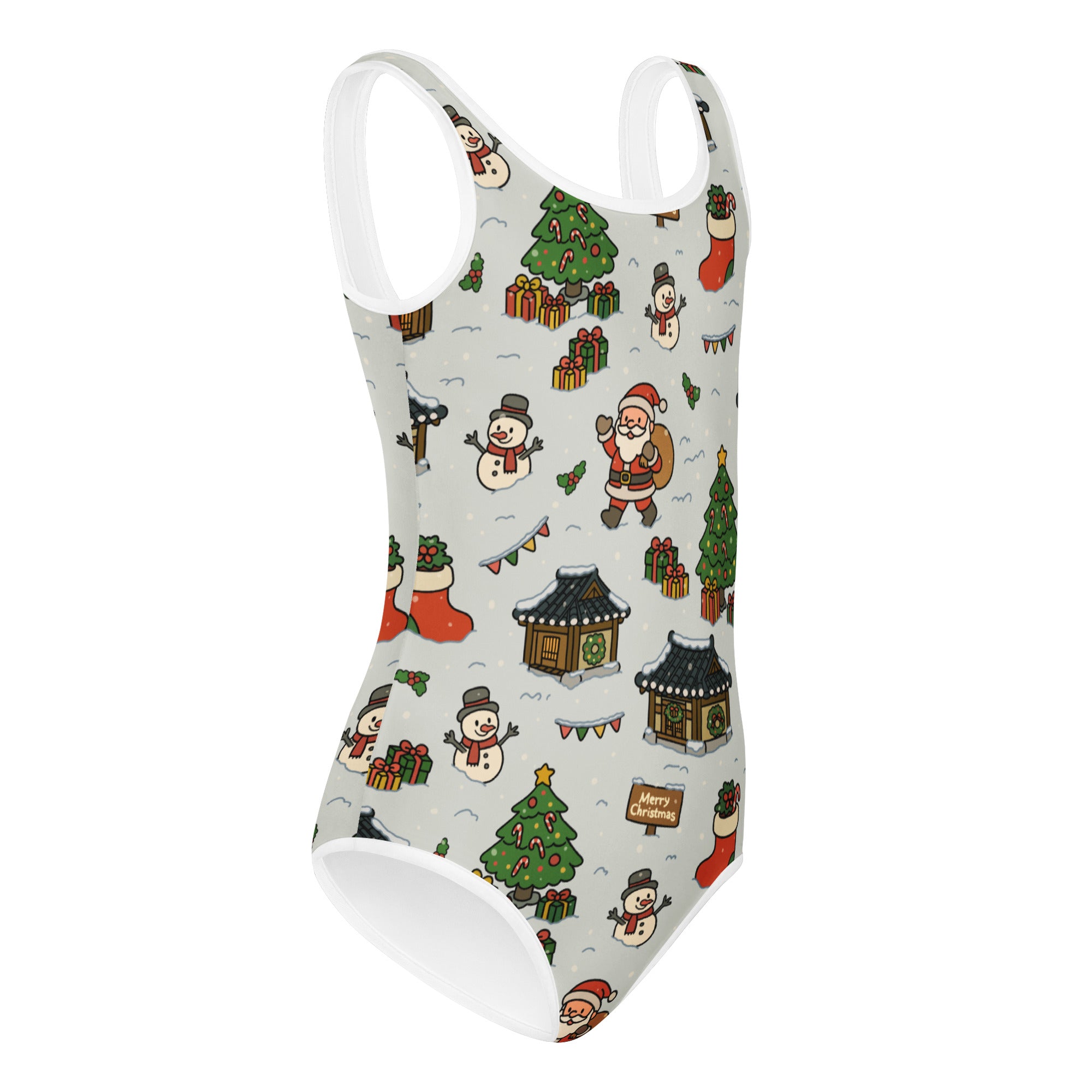 Girls santa village christmas buttery soft leotard in light gray with festive snowmen santa and tree prints for dance and gymnastics