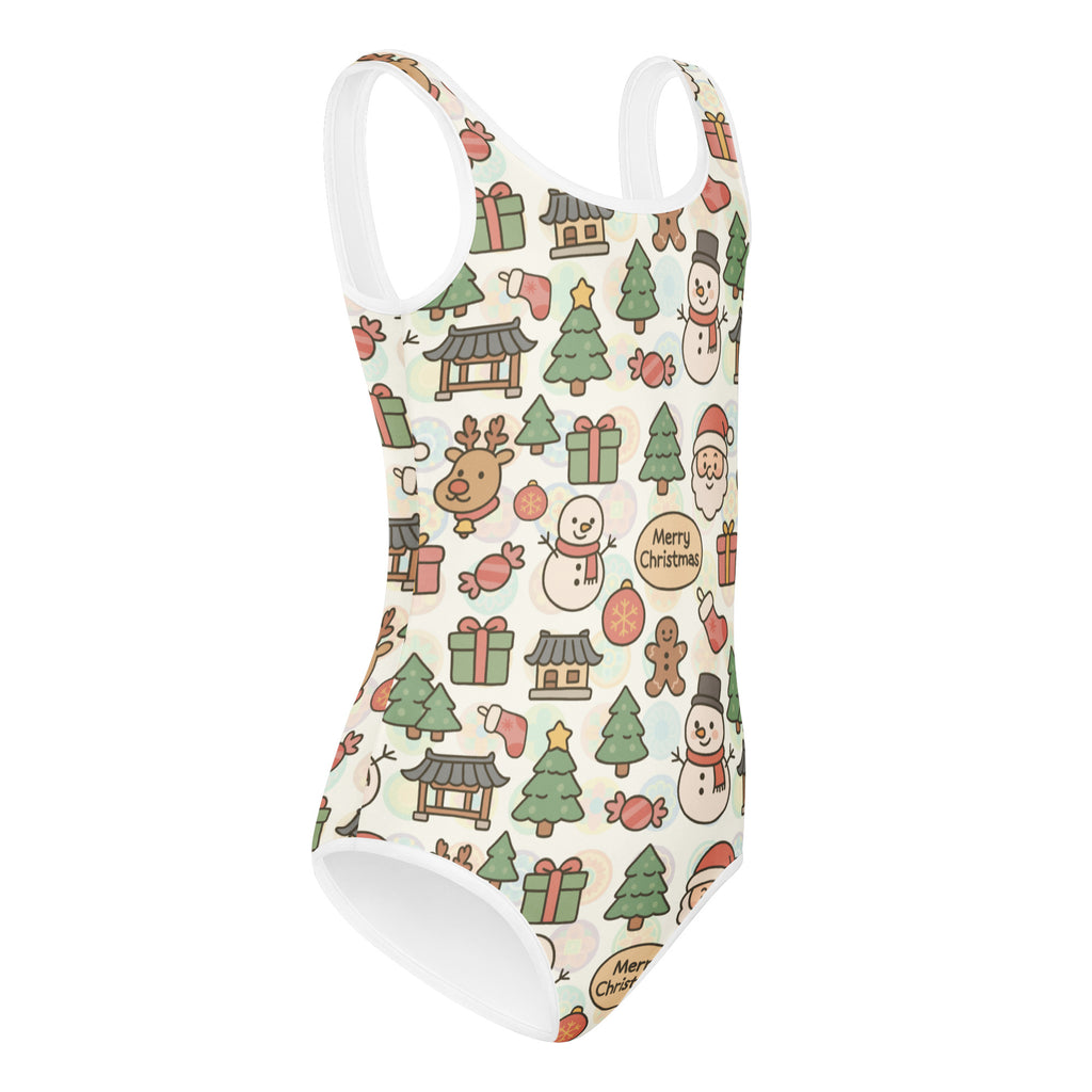 Girls merry christmas buttery soft one-piece swimsuit with snowmen and reindeer pattern on off-white background