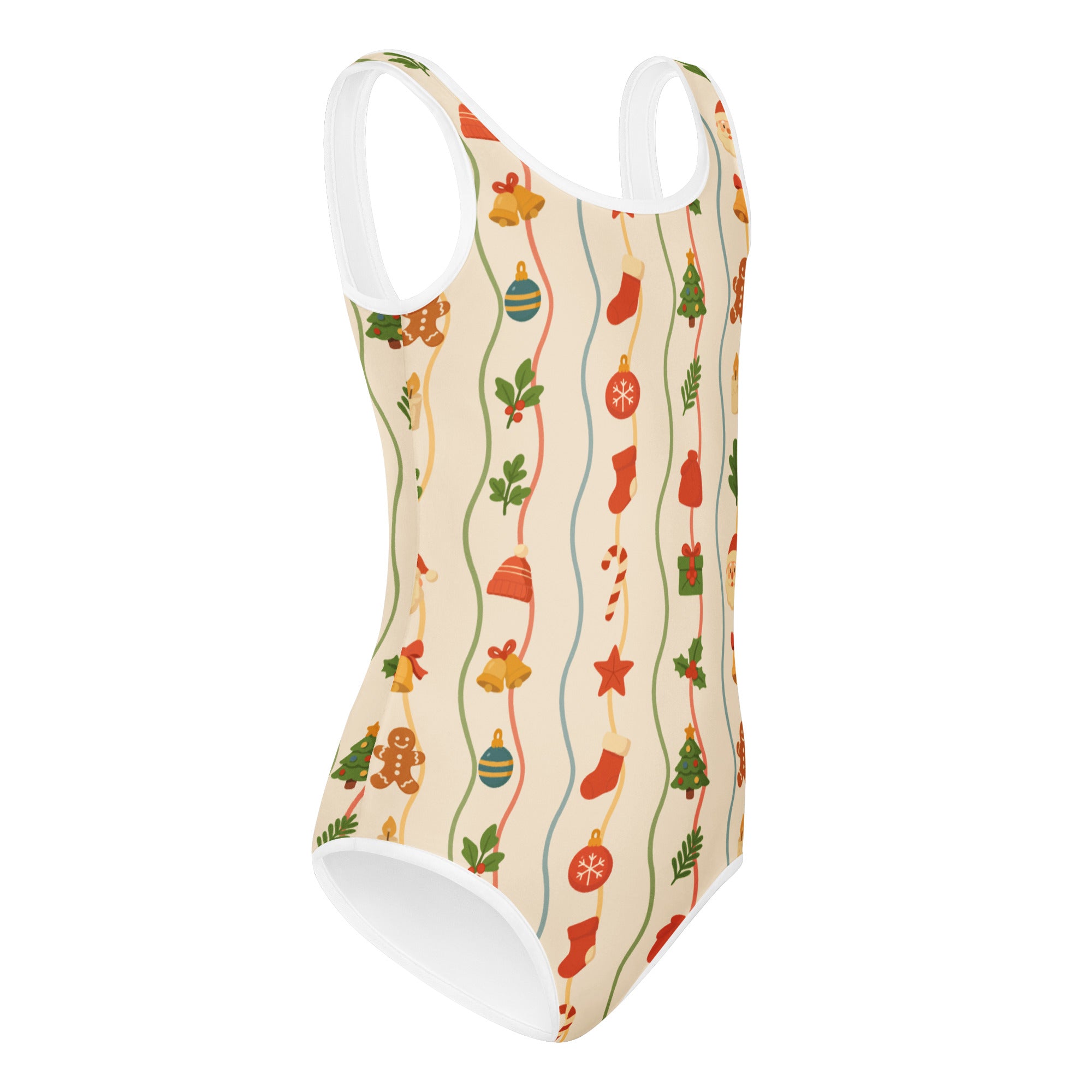 A festive beige buttery soft one-piece girls christmas garland leotard with colorful holiday illustrations for dance and gymnastics