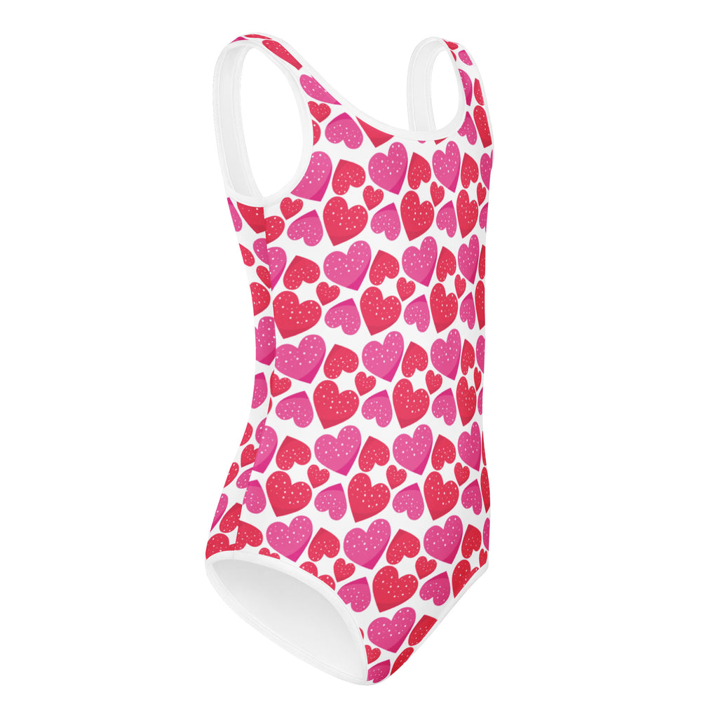 Girls Valentine’s Day white one-piece swimsuit with vibrant pink and red hearts quick drying for dance and gymnastics