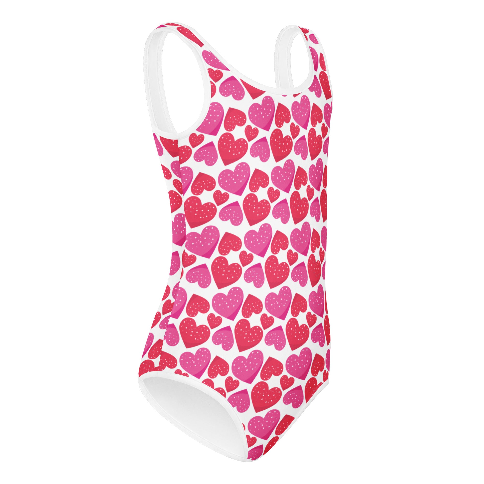Girls Valentine’s Day white one-piece swimsuit with vibrant pink and red hearts quick drying for dance and gymnastics