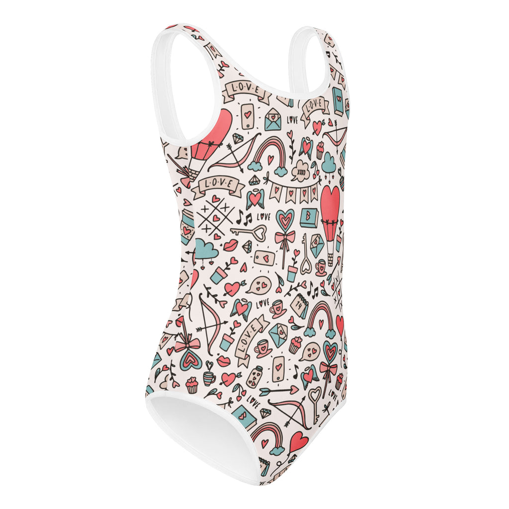 Girls valentine’s day doodle pattern white one-piece swimsuit with pastel hearts bows rainbows love quick-dry soft fabric
