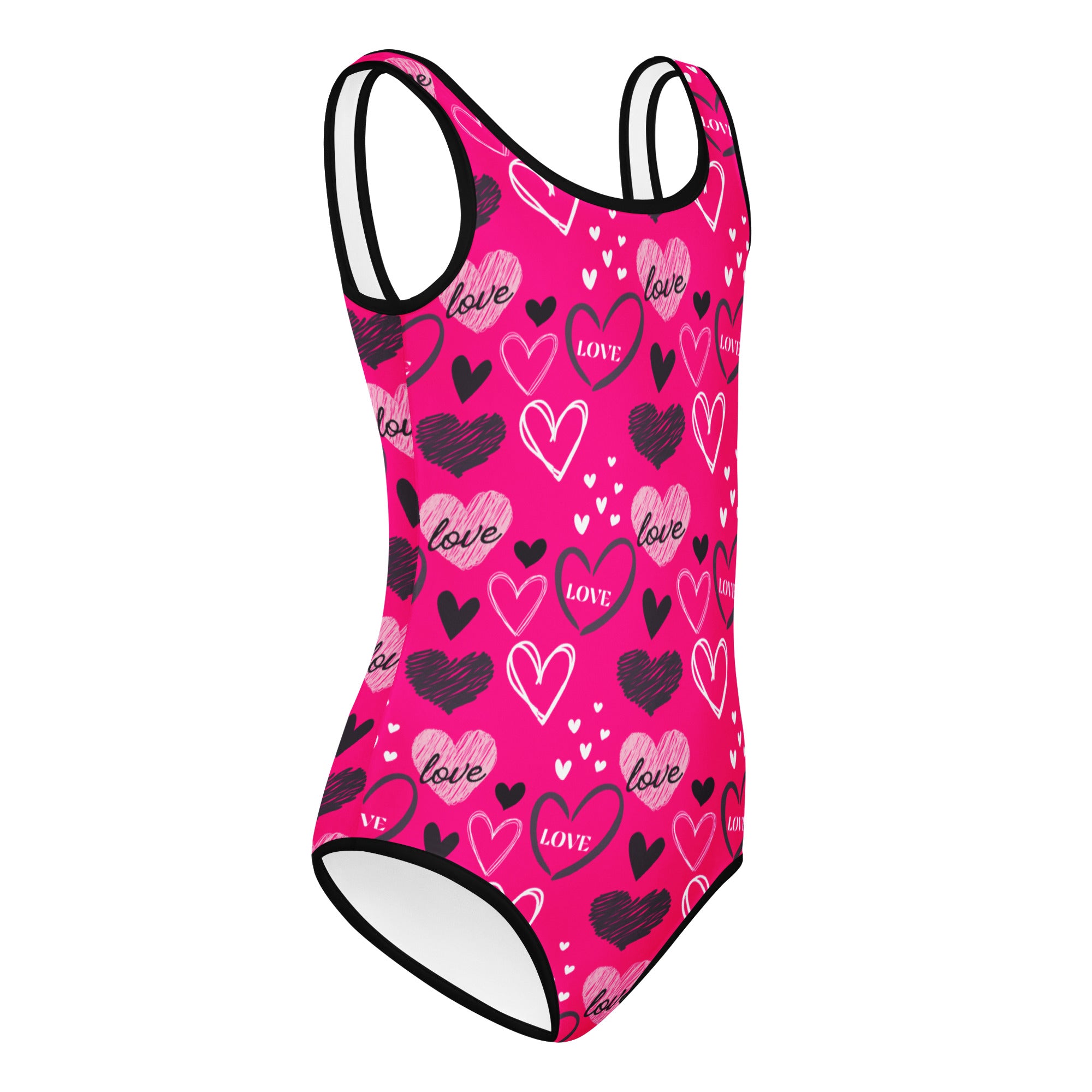A vibrant pink girls Valentine’s Day love heart buttery soft leotard with quick drying fabric for dance and gymnastics
