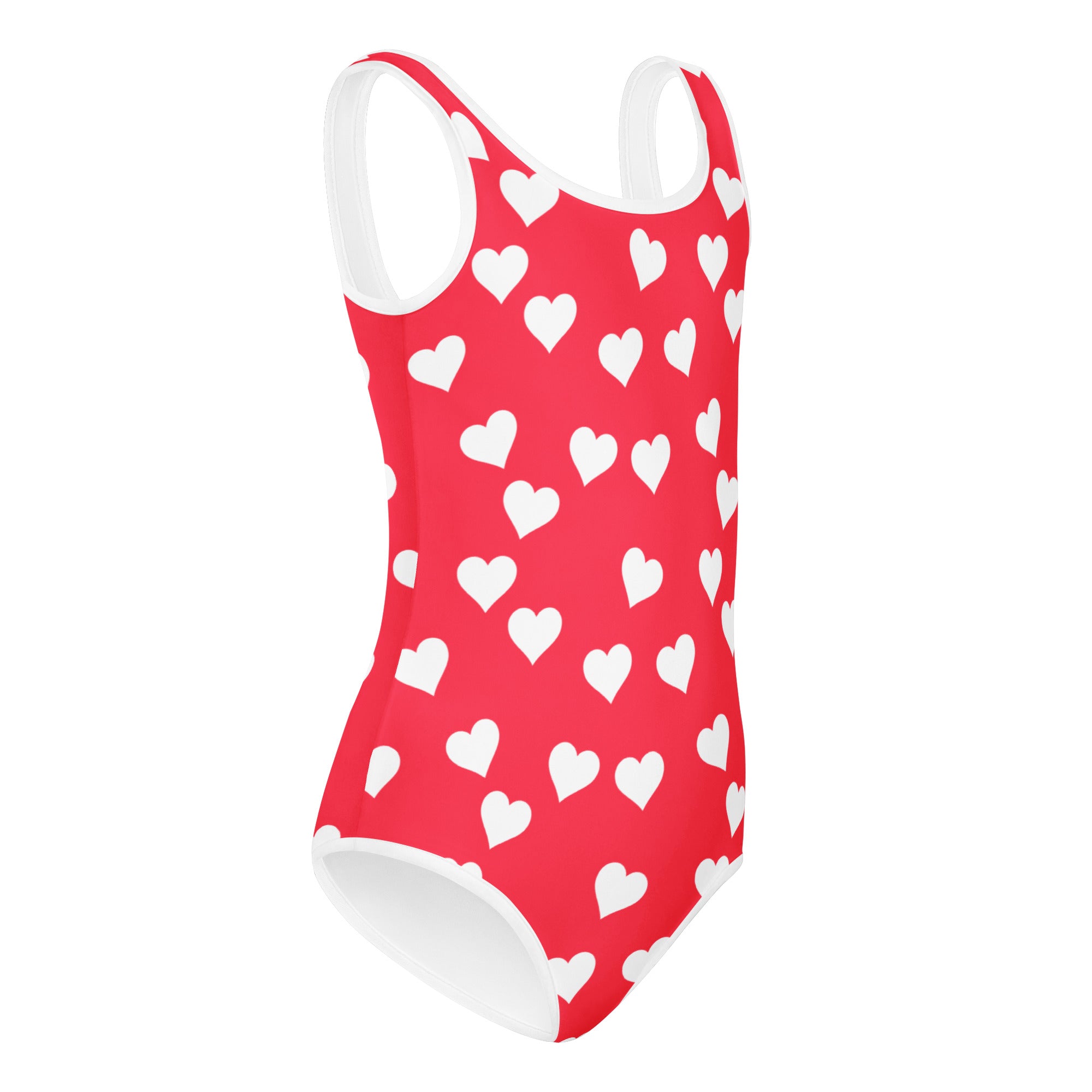 Girls bright pink heart buttery soft quick drying leotard with white heart pattern and trim for dance and gymnastics