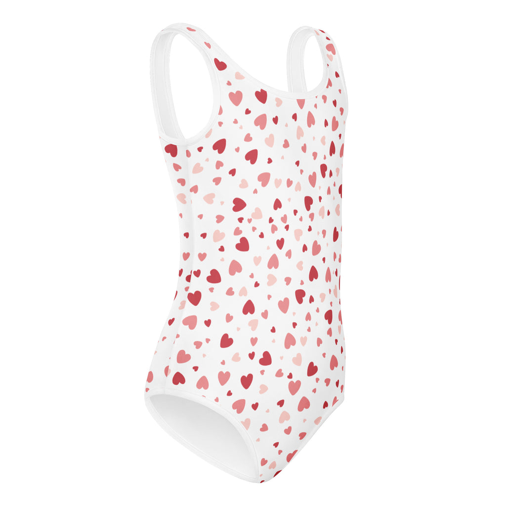 Girls scattered hearts white one-piece swimsuit with red and pink hearts buttery soft quick drying for dance and gymnastics