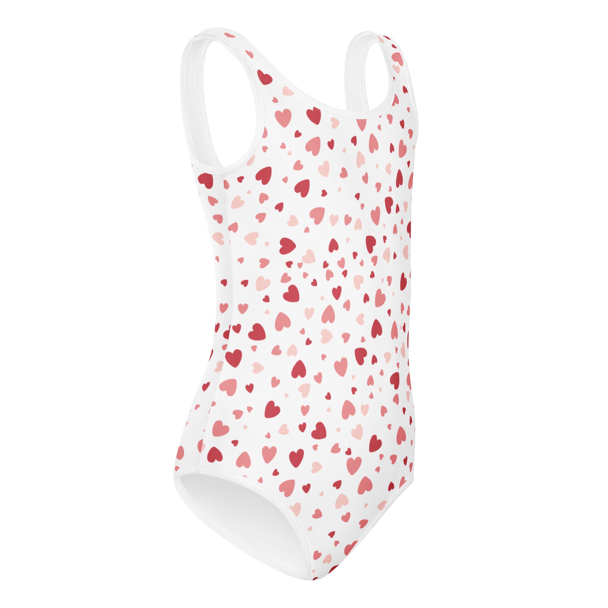 Girls scattered hearts white one-piece swimsuit with red and pink hearts buttery soft quick drying for dance and gymnastics